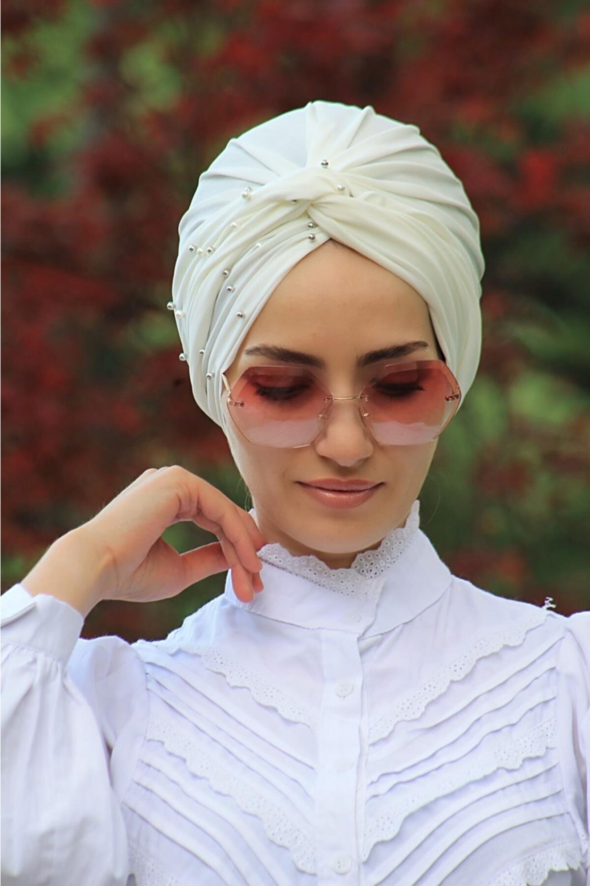 Mursen Bone Şal Hazır Tesettür Giyim Incili Hazır Olmayan Modelli Dolama Bone Ekru Renk (tesettür Giyim)