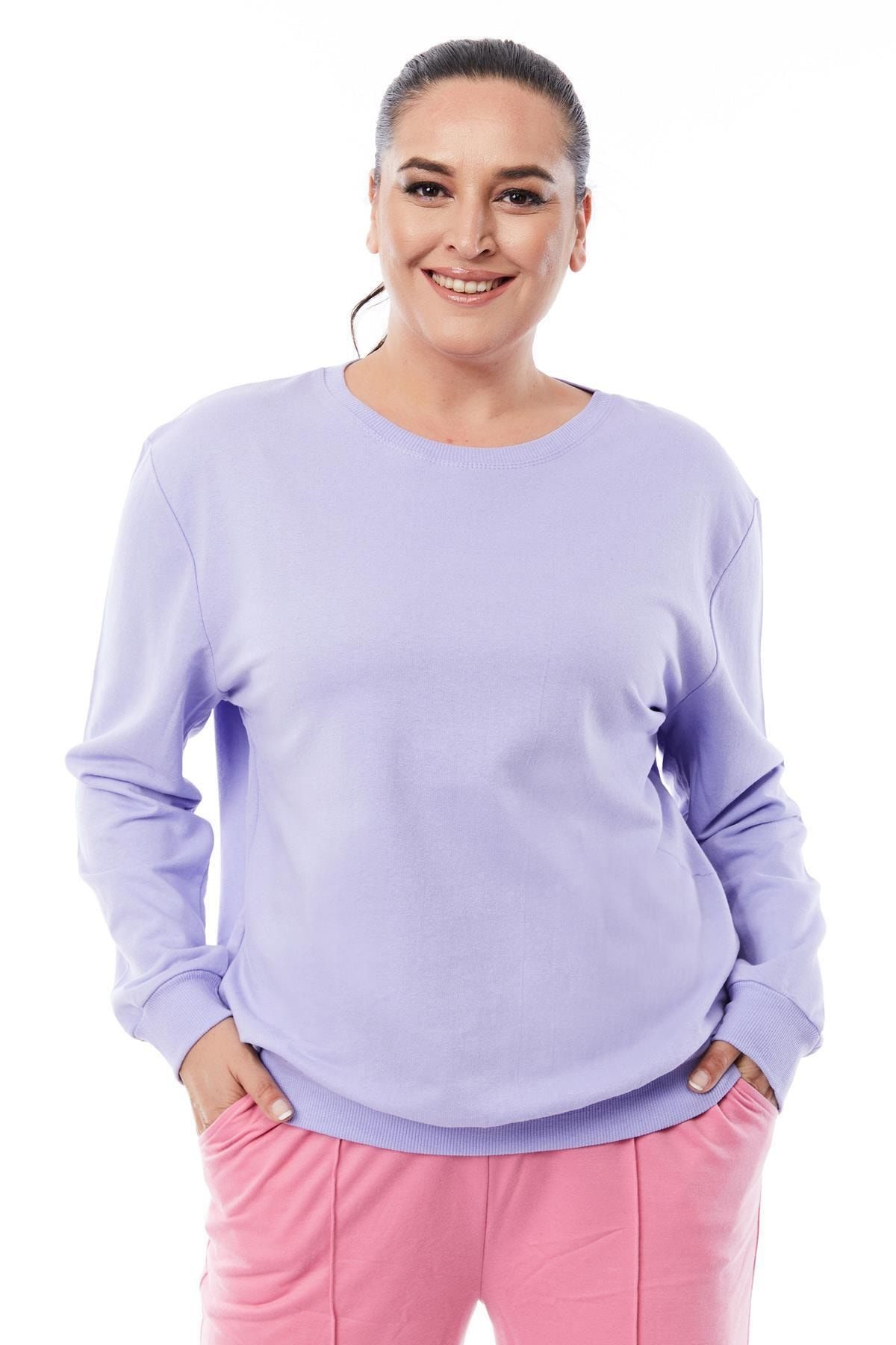 Siyezen Büyük Beden Lila Basic Oversize Sweatshirt