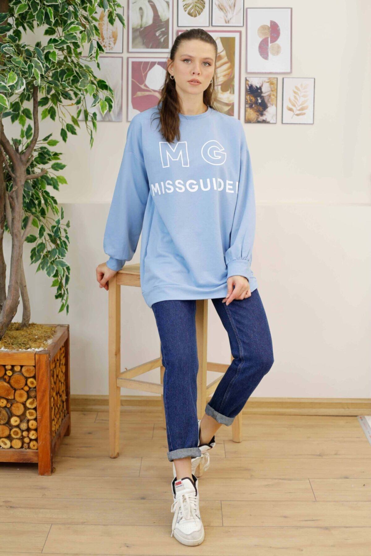 İmajButik Önü Baskı Detaylı Sweat/buz Mavi