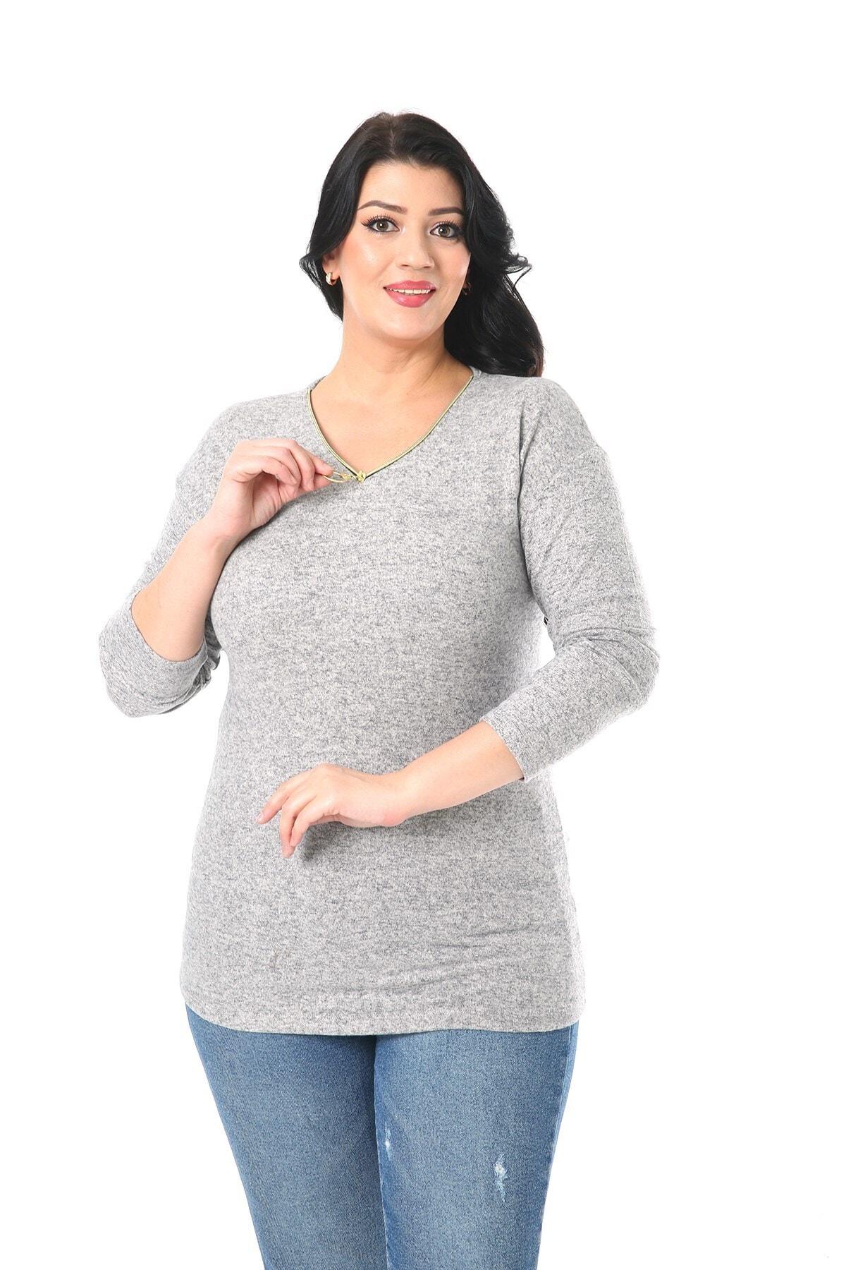 Womenice Kadın Gri Yakası Fermuarlı Pamuklu Büyük Beden Bluz