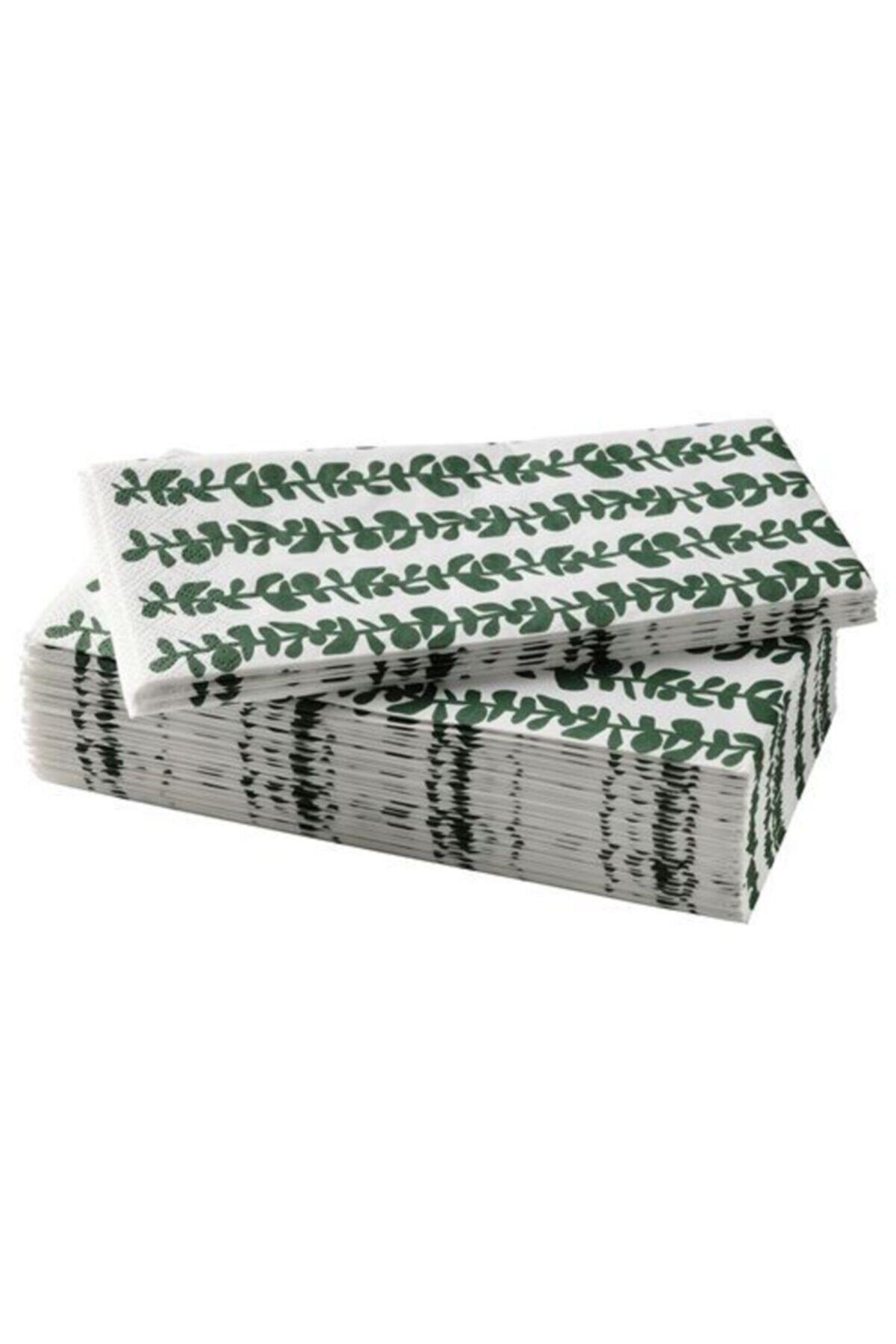 IKEA Vıntersnö 38x38 Cm Beyaz Yeşil Yapraklı Peçete 30 Adet