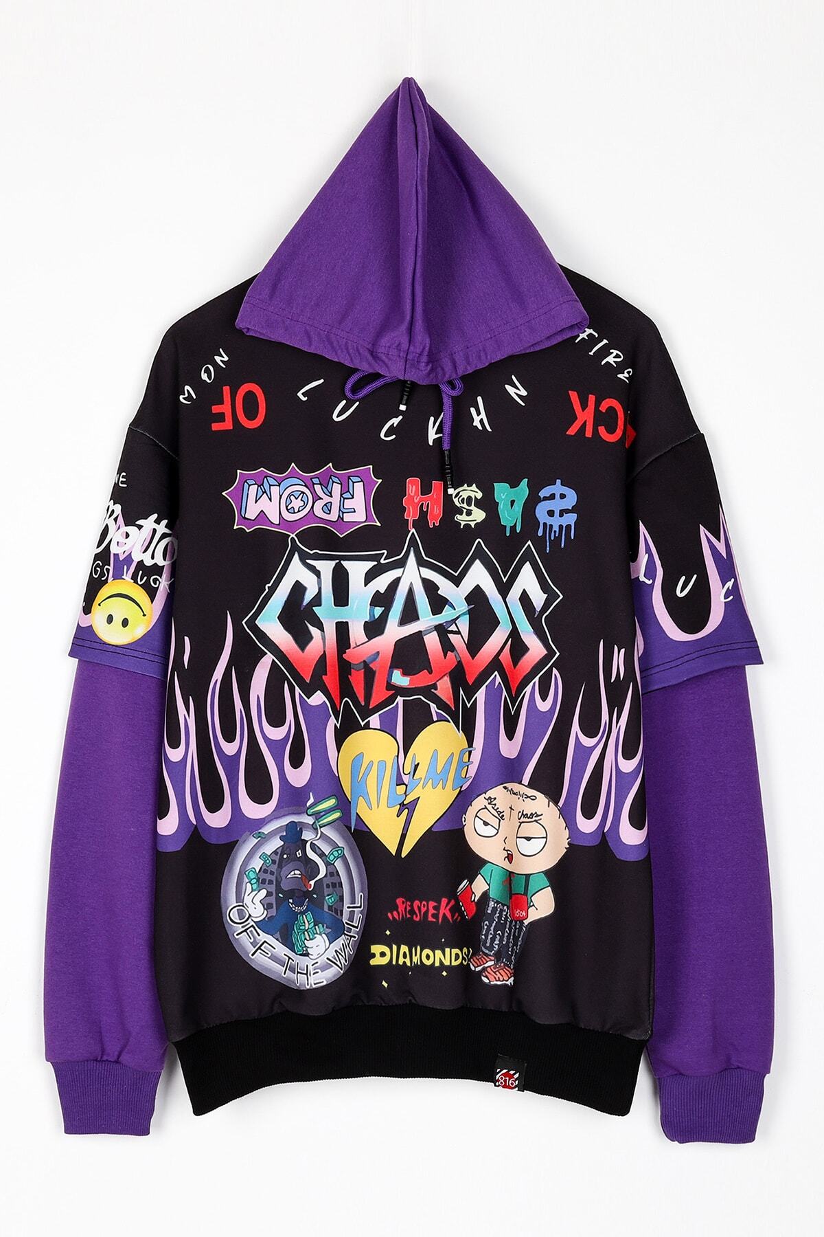 Sekizbiraltı Chaos Dijital Baskı Siyah Oversize Unisex Sweatshirt