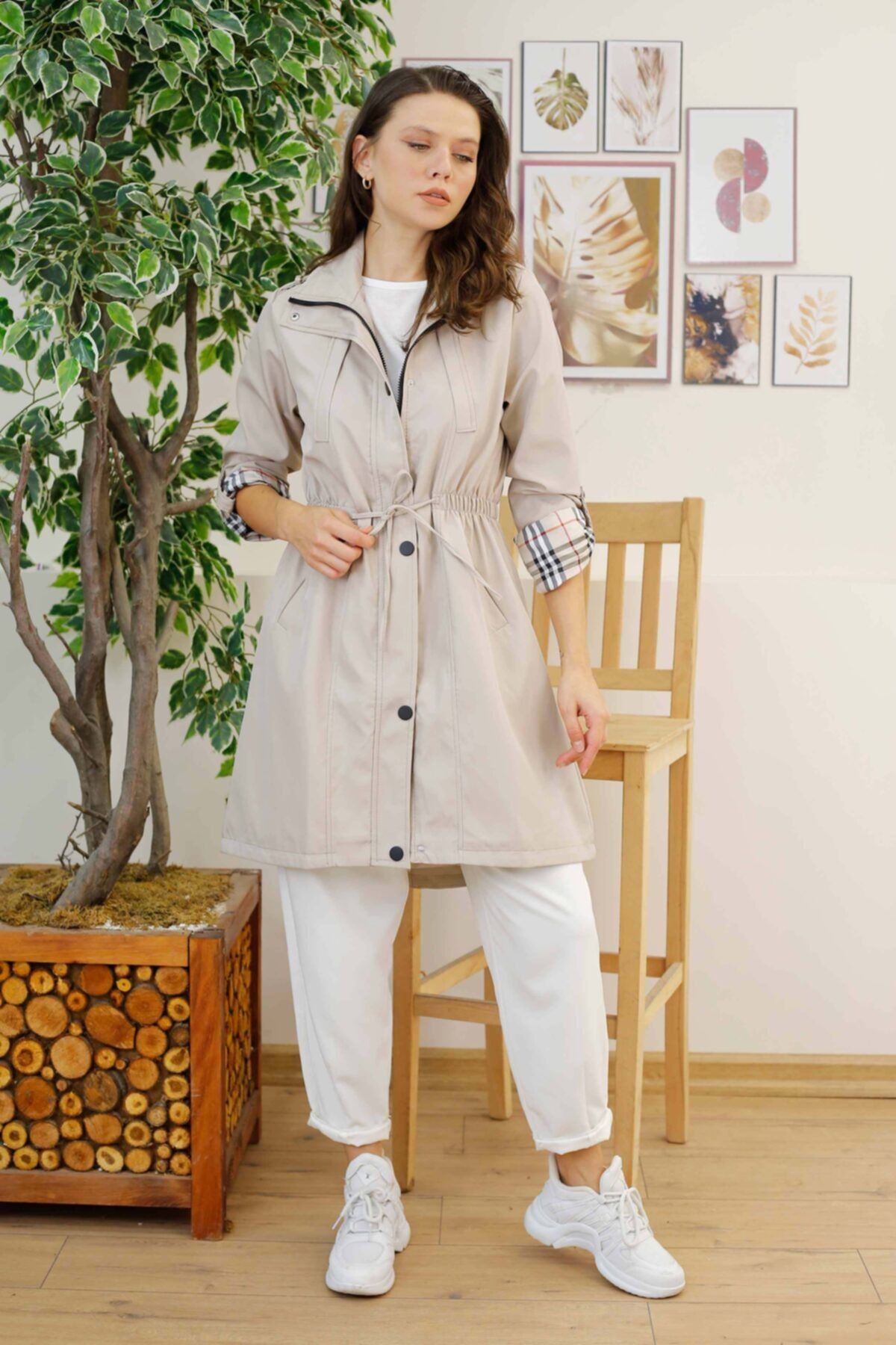 İmajButik Astarlı Boydan Fermuarlı Trenç/taş