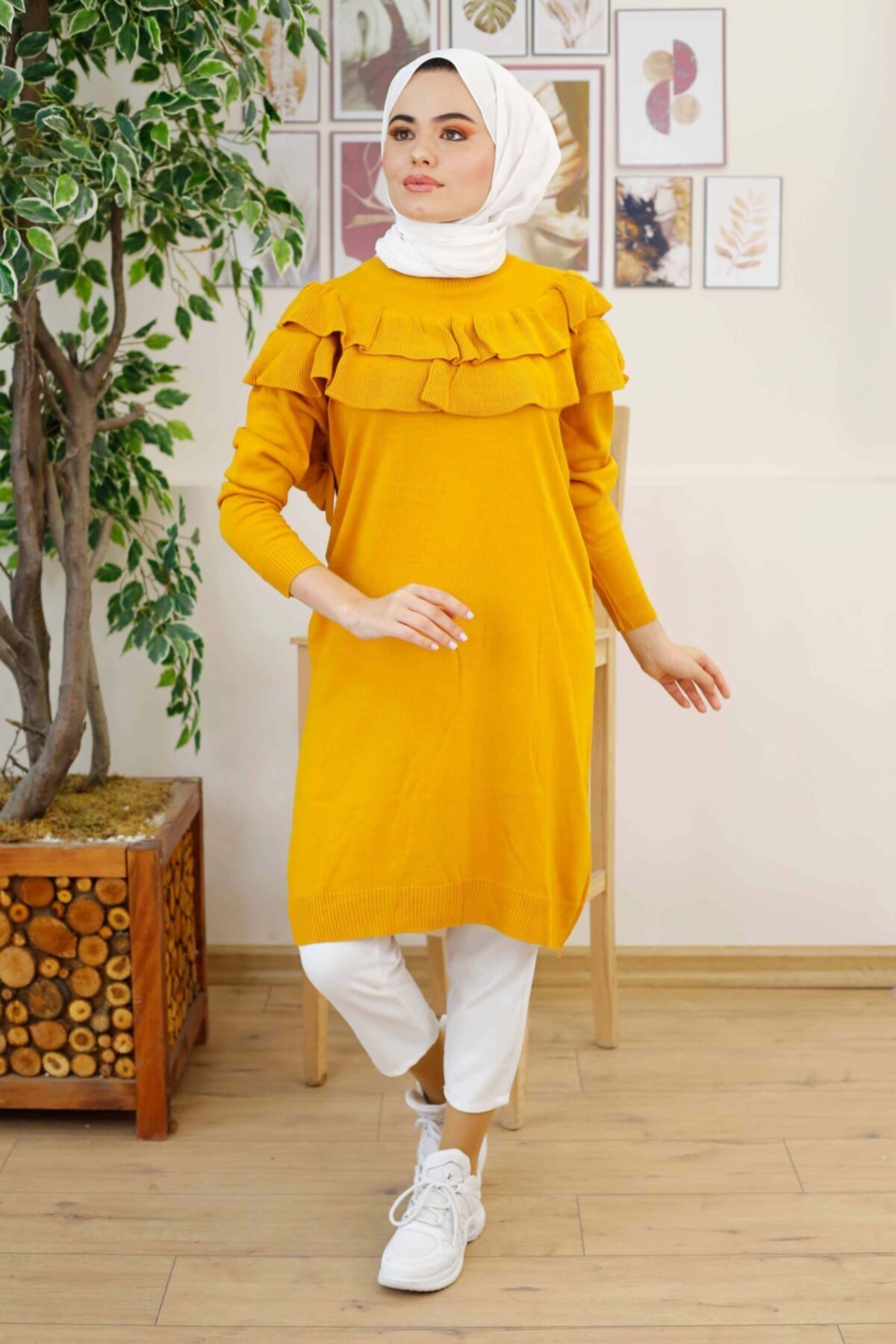 İmajButik Önü Fırfır Detaylı Triko Tunik/hardal