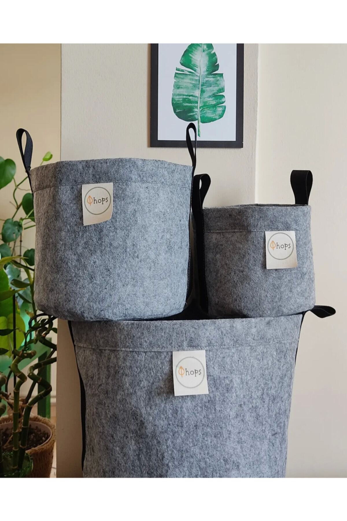 Hops Plant Design Çok Amaçlı 3'lü Sepet-saksı- Bitki Yetiştirme Çantası (grow Bag Gri)