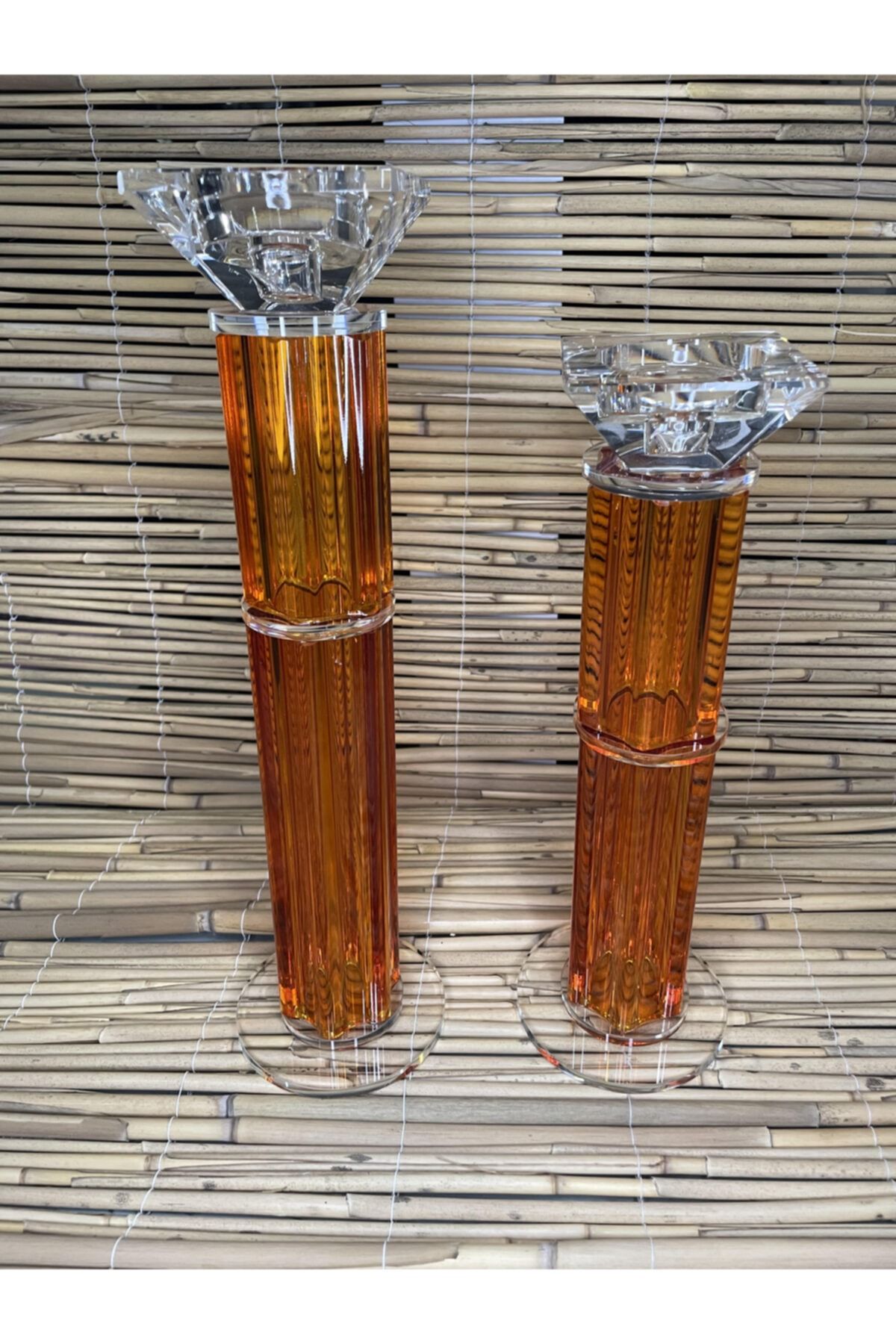 Aile Home Kristal 2'li Büyük Şamdan Turuncu Renk 36cm-30cm