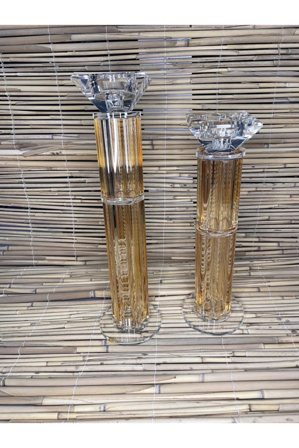 Aile Home Kristal 2'li Büyük Şamdan Bal Renk 36cm-30cm