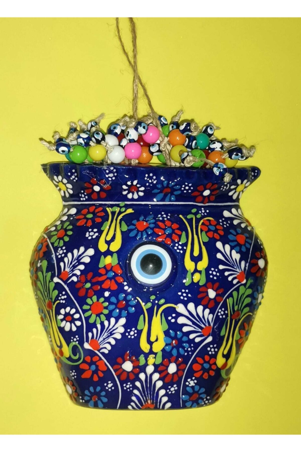 Nazar Çini Işlemeli Saksı Figürlü Renkli Boncuklu Bahçe Duvar Balkon Süsü 25 Cm