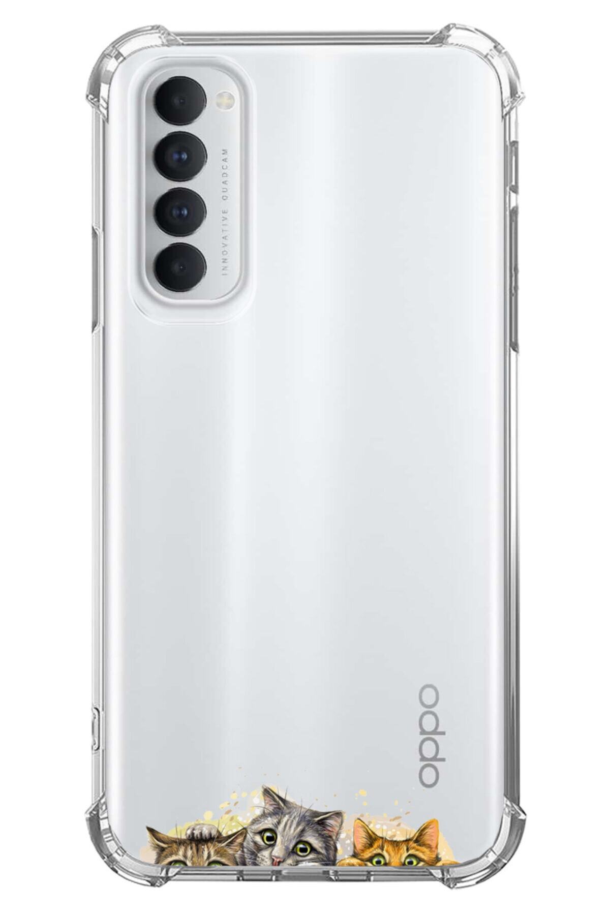 OPPO Reno 4 Pro Kılıf Köşe Korumalı Anti Shock Desenli+temperli Cam Cat Family 1461