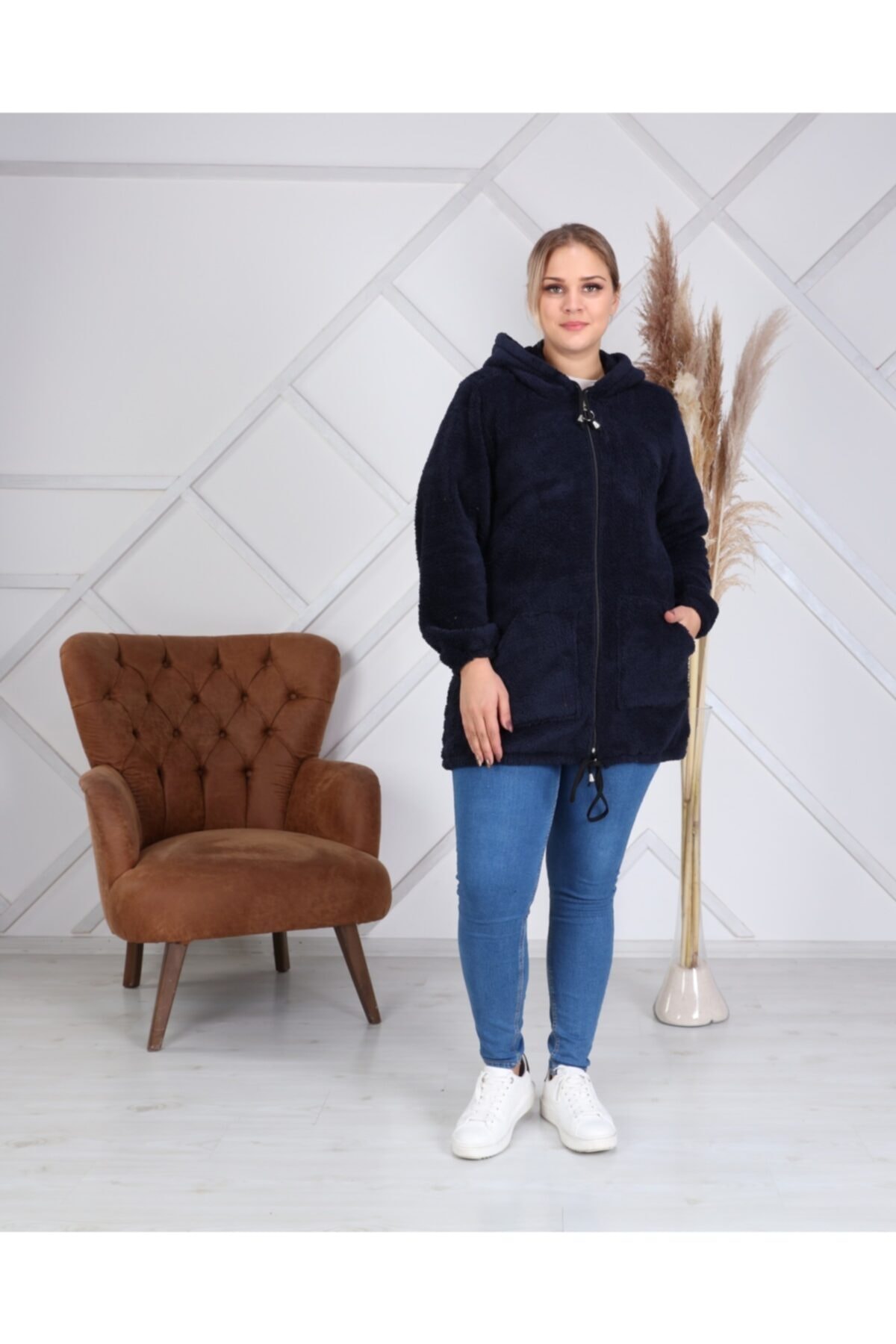Big Love Cepli, Fermuarlı Ve Kapşonlu Wellsoft Peluş Polar Spor Hırka Mont Lacivert