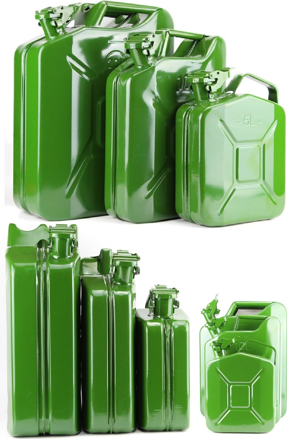 BİTERSE Metal Yakıt Bidonu 3 Lü Set 5 Lt, 10 Lt, 20 Lt Askeri Yeşil