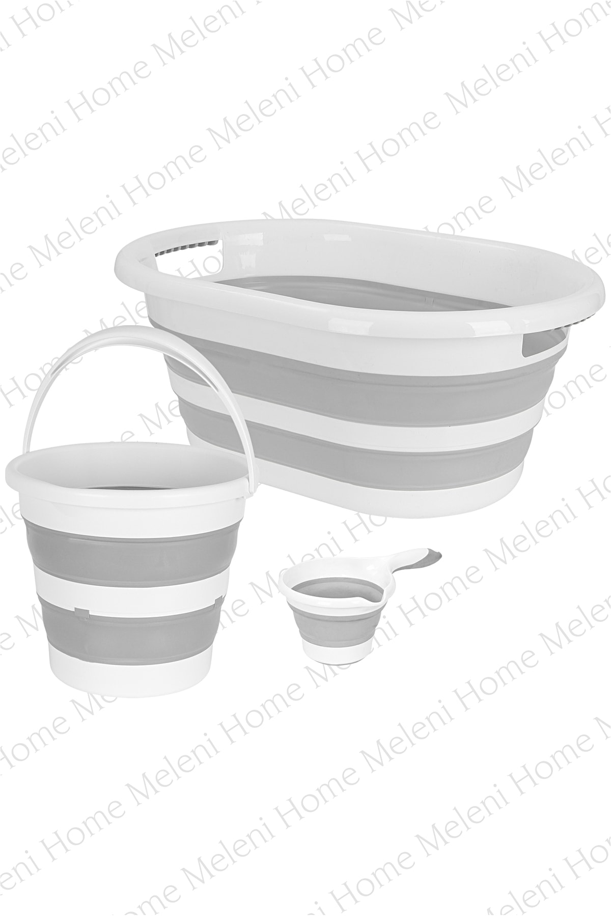 Meleni Home 3'lü Set 27 Lt Katlanır Çamaşır Sepeti - Katlanabilir Akordiyon Su Kovası - Katlanır Koçero Maşrapa
