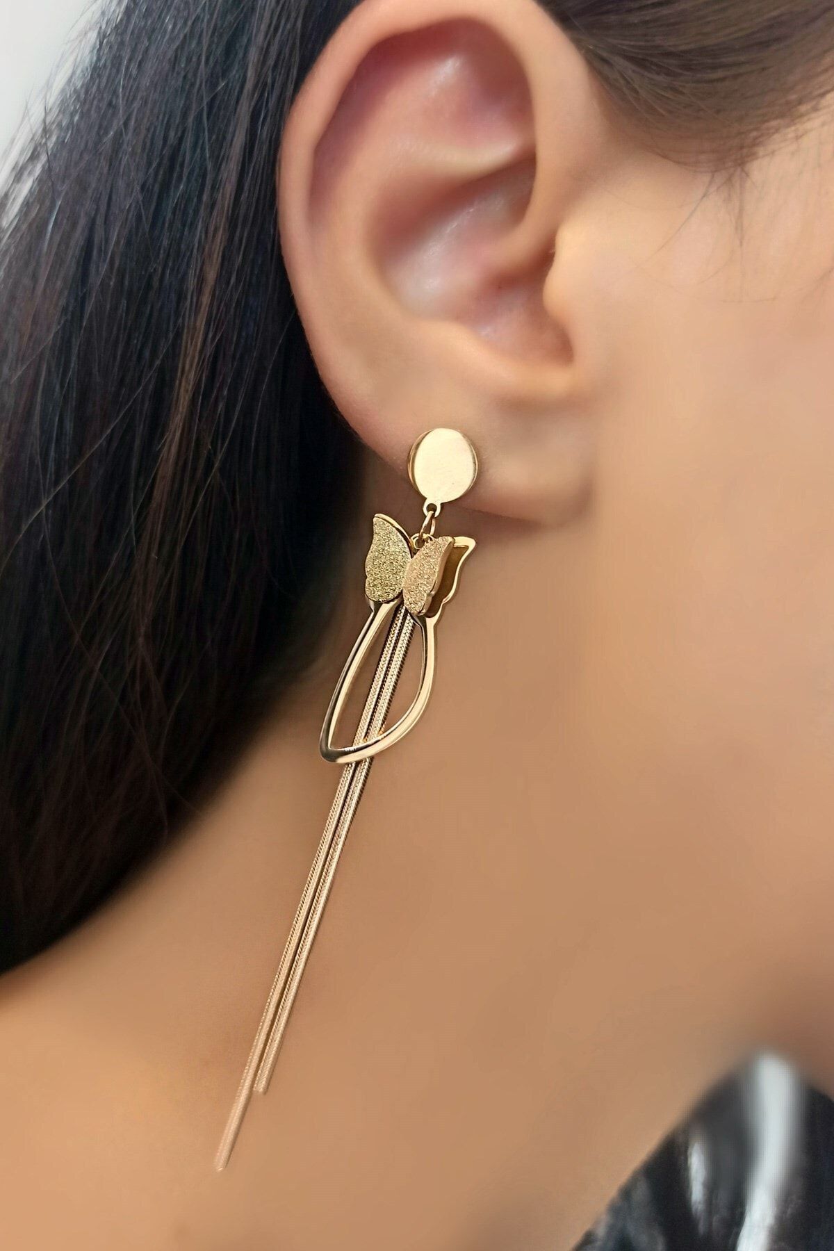 Çlk Accessories Çelik Sallantı Kelebek Figür Çelik Küpe Trküpe34024 B34003