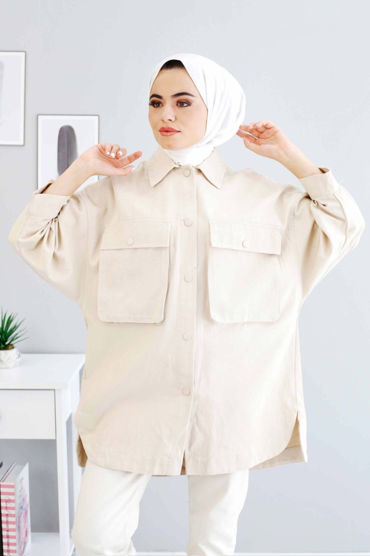 İmajButik Salaş Kalıp Gabardin Ceket Gömlek/bej
