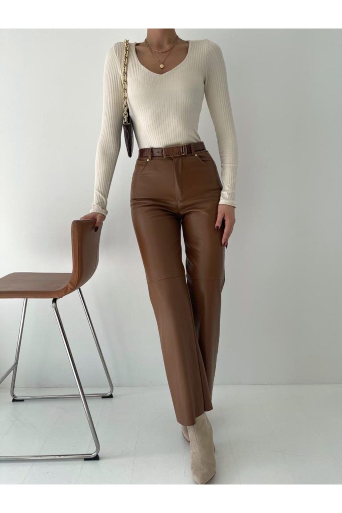 munora butik Deri Straight Taba Pantolon