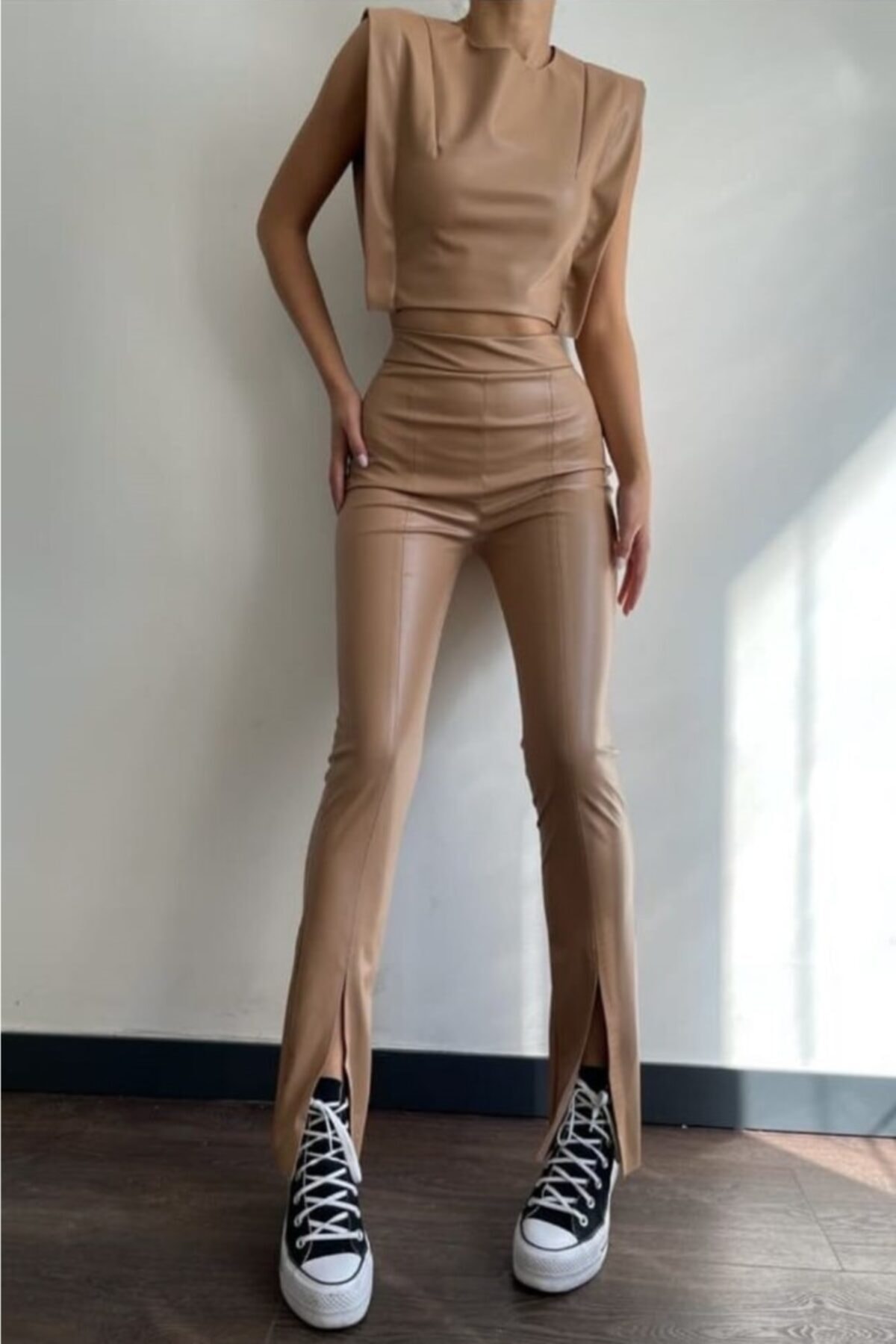 dükkan10butika Kadın Vool Deri Takım Bej