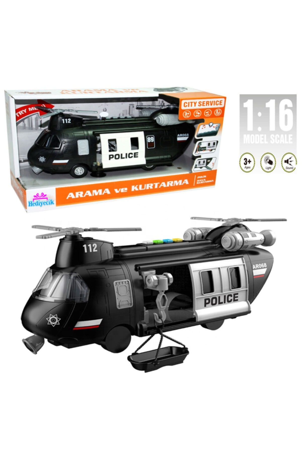 hediyecik Oyuncak 1:16 Sesli Ve Işıklı Polis Arama Kurtarma Helikopteri
