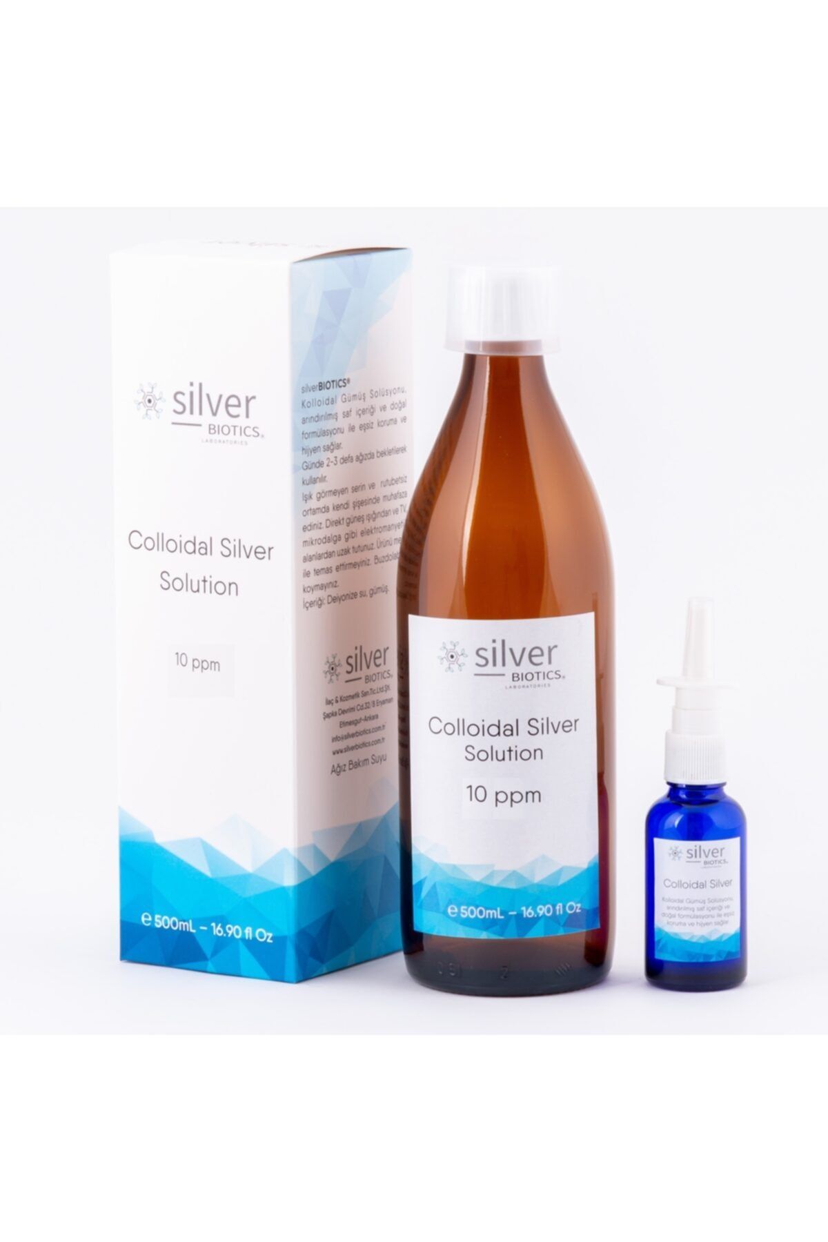 silverBIOTICS 10 PPM 500ml Cam Şişe-Cam Nazal Sprey Hediyeli HydraSense® Kolloidal Gümüş Suyu