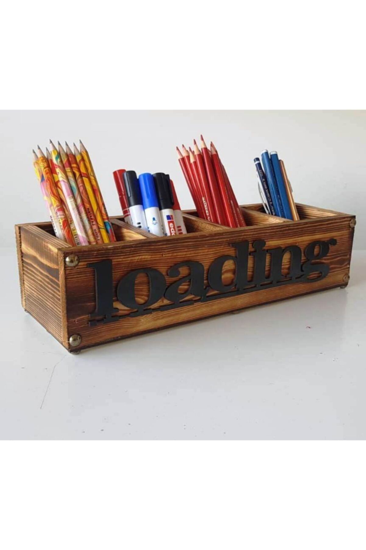 Ahşap Pusula Çam Ağacı Masaüstü Kalemlik Organizer -loading