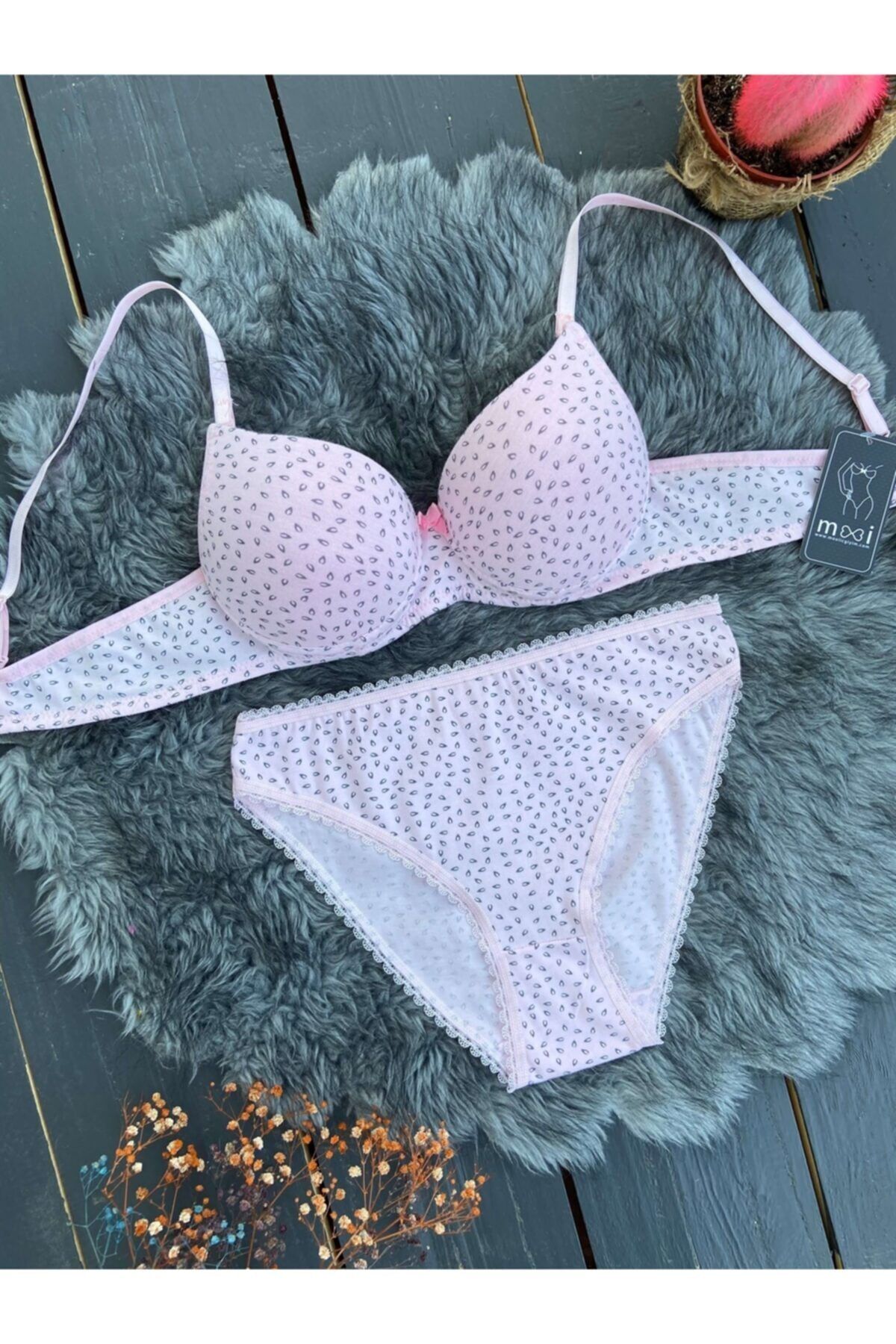 MOOİ Açık Pembe Gri Desenli Dolgulu Soft Sütyen Takım