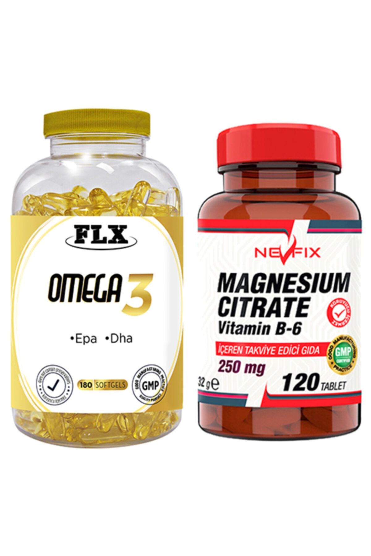 FLX Omega 3 Balık Yağı 180 Softgel & Nevfix Magnesıum Cıtrate Vitamin B-6 120 Tablet