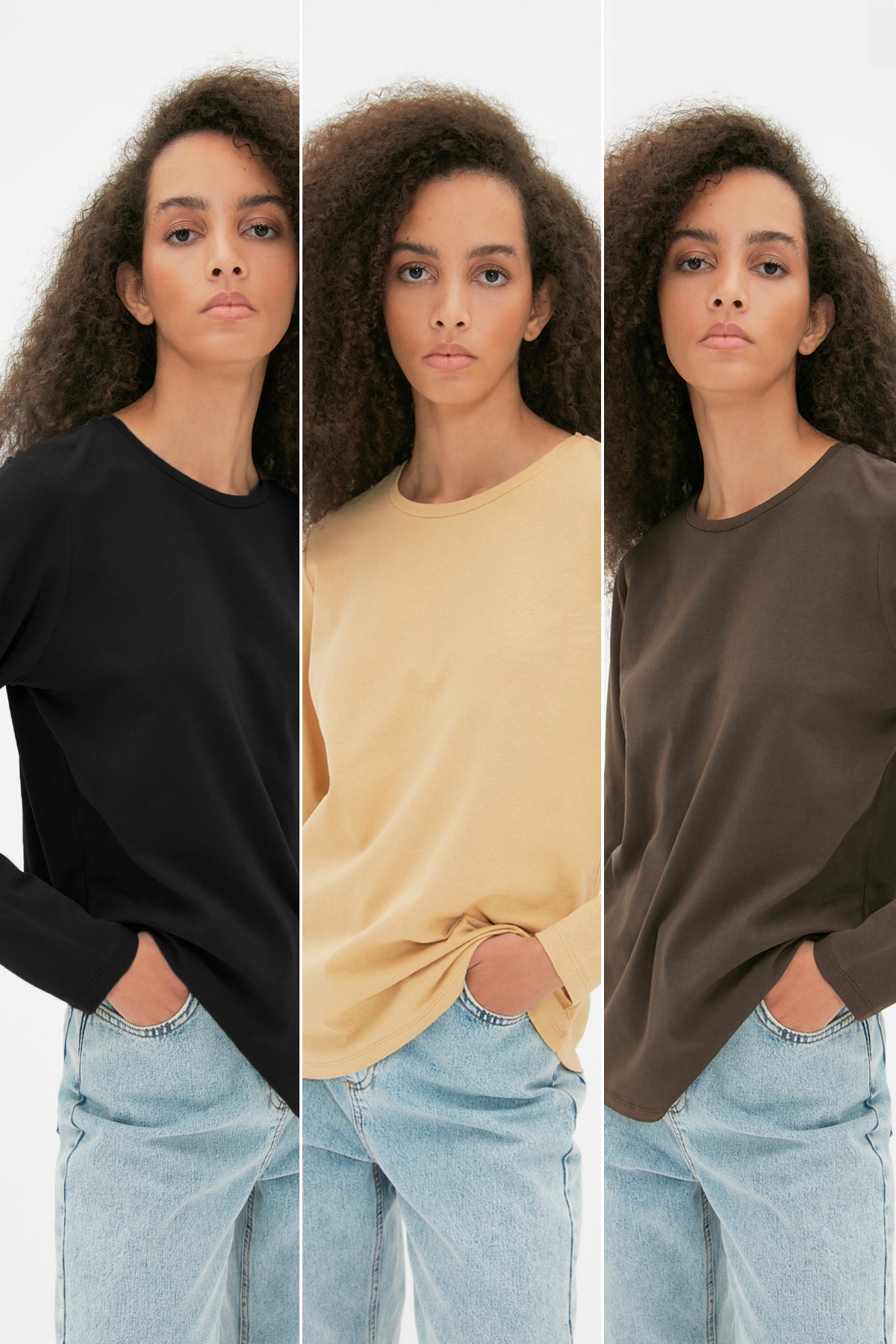 TRENDYOLMİLLA Kahverengi 3'lü Paket Bisiklet Yaka Basic Örme T-Shirt TWOAW21TS0094