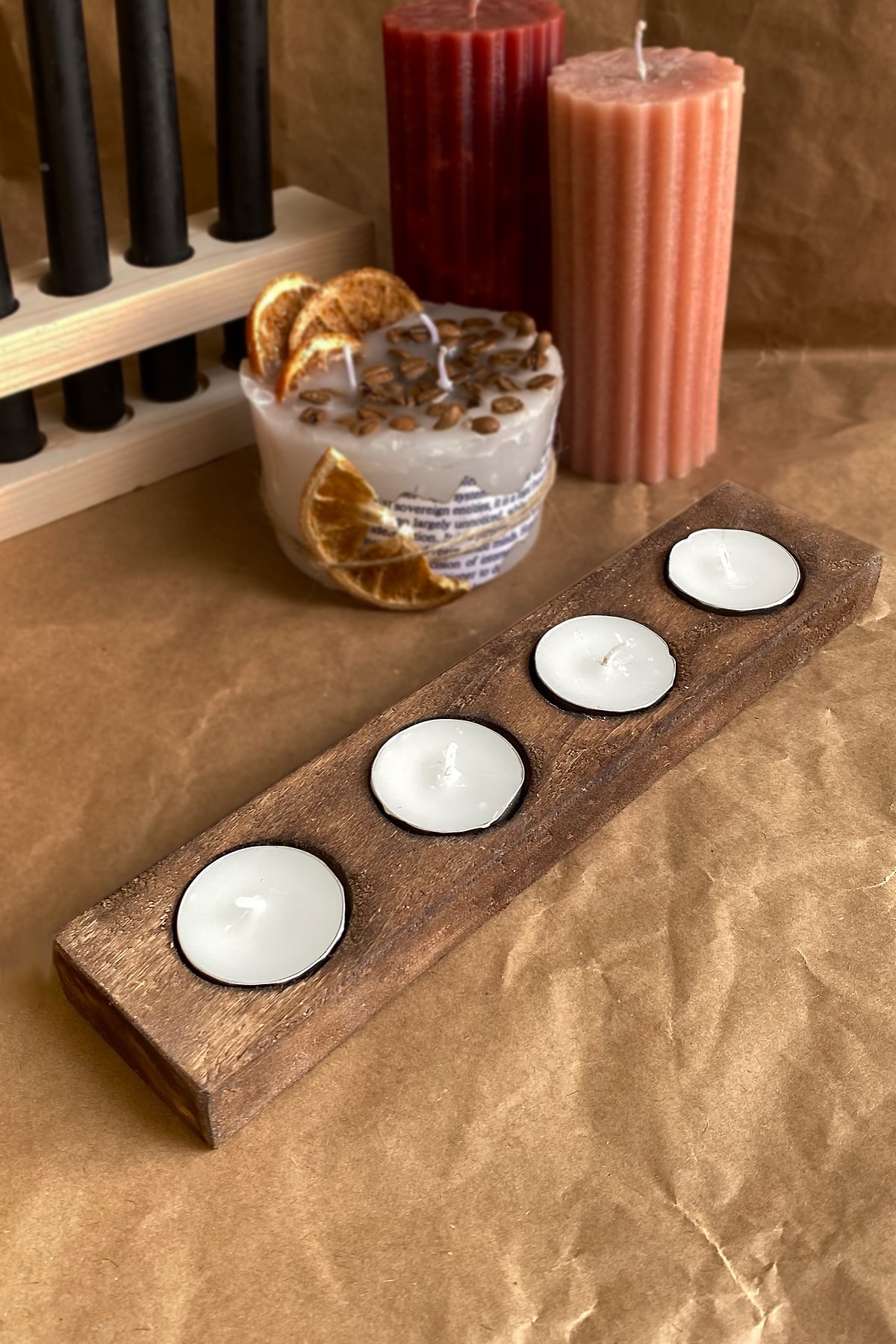 SANAT SEPET İŞLERİ Eskitme 1. Sınıf Ahşap Tealight 4'lü Dekoratıf Mumluk