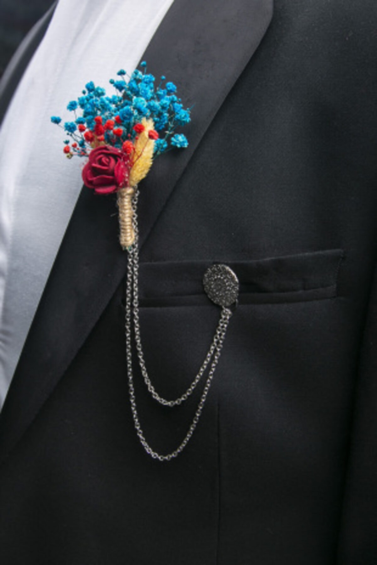 Noyan Group Mavi Kırmızı Kuru Çiçek Damat Yaka Çiçeği Ve Ceket Zinciri