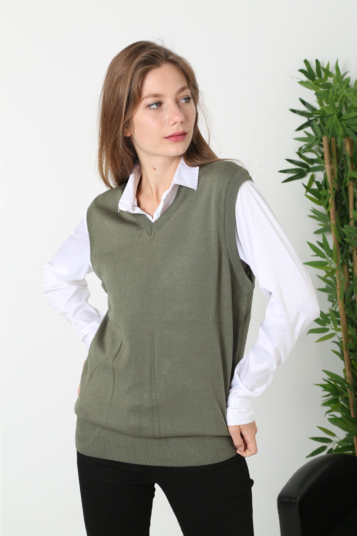 sbt SilverBeltTextil Kadın Haki V Yaka Süveter Yelek