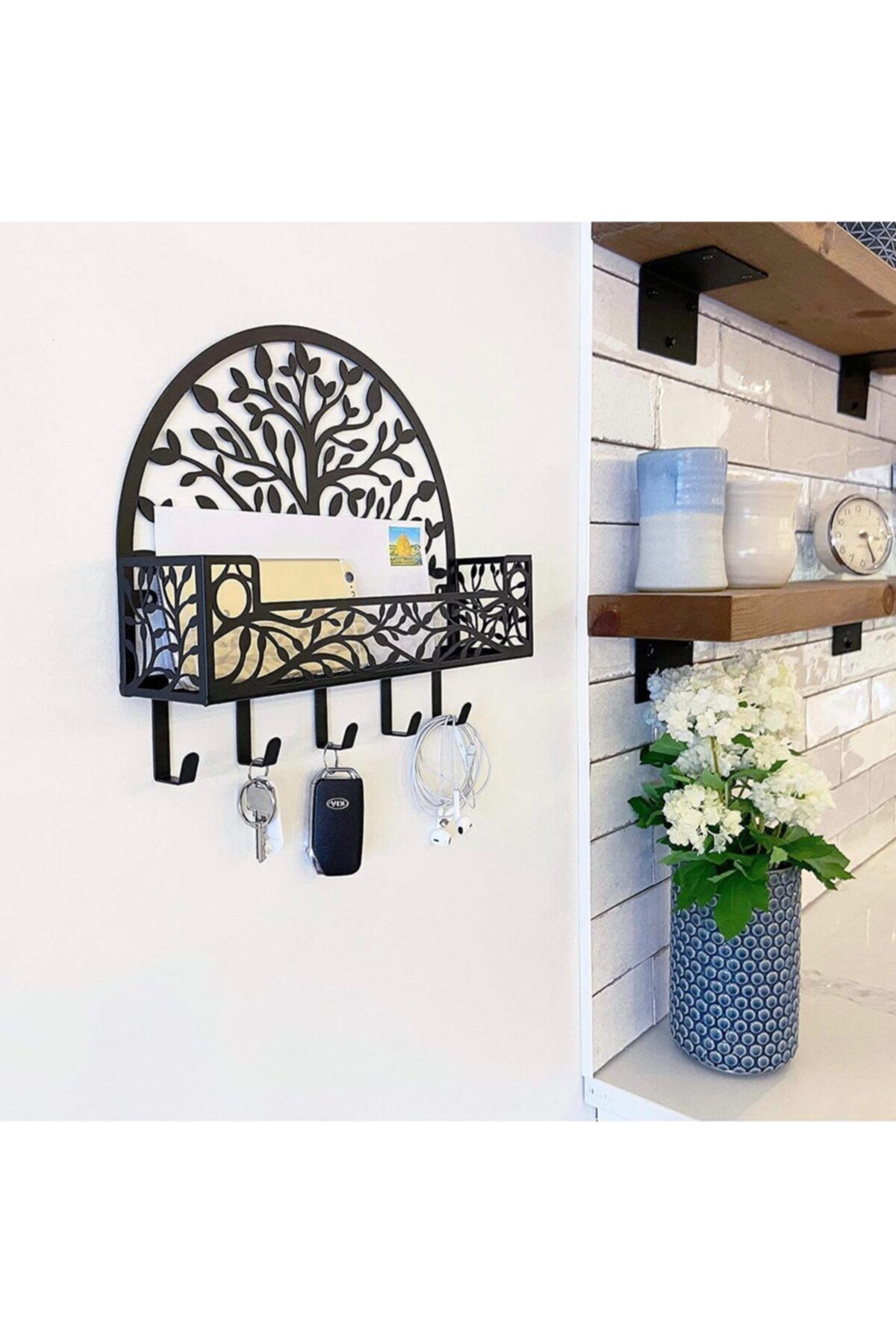 You Bella Ağaç Desenli Dekoratif Evler Için Metal Askılık, Anahtarlık, Çantalık, Duvar Tipi Siyah