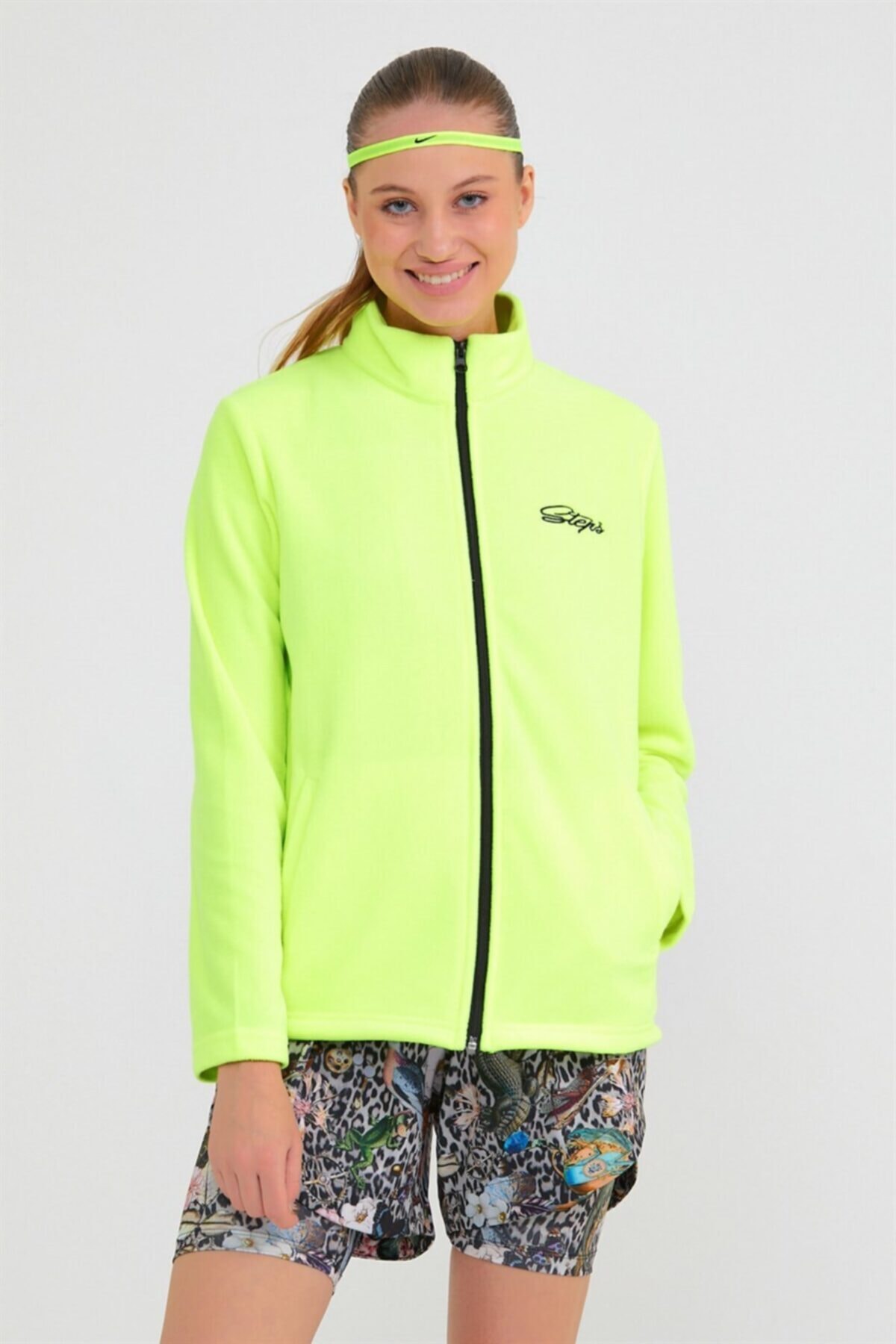 STEPS Fermuarlı Neon Sarı Kadın Polar Sweatshirt