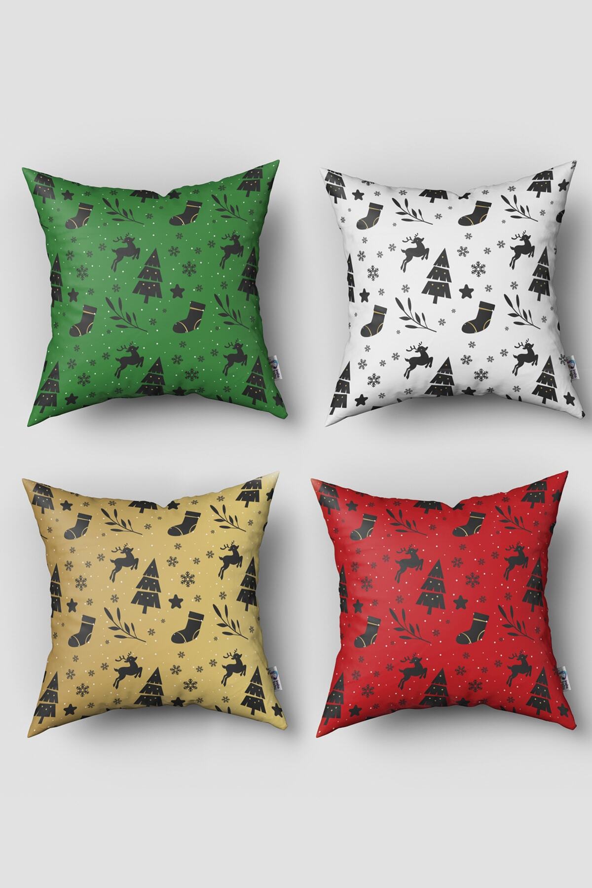 Tinybabyconcept Çift Taraflı Yeni Yıl Dekoratif 4 Lü Kırlent Kılıfı Seti Model No:5