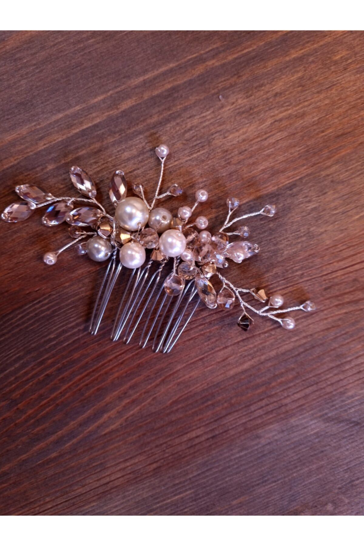 sinyora design Rose Gold Krem Taşlı Tarak Toka - Gelin Nişan Tacı