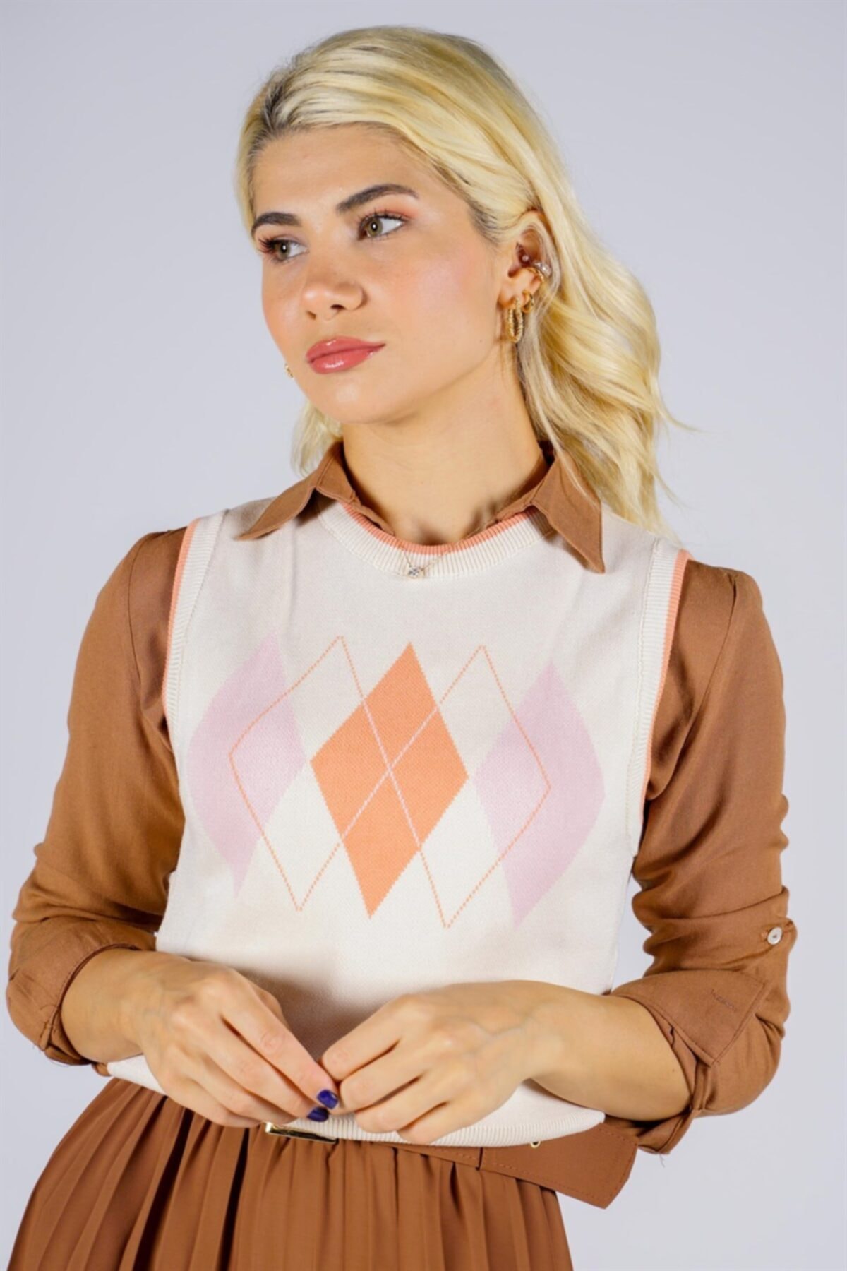 PRANGA Baklava Desenli Süveter Krem