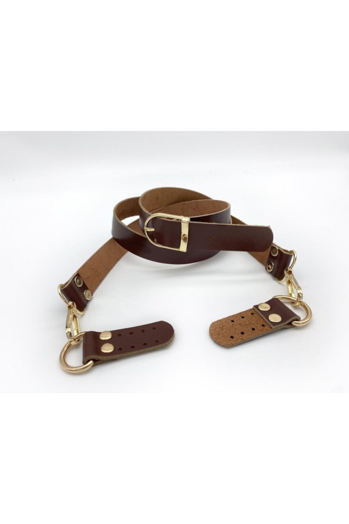 angel çanta aksesuar Gerçek Deri Ayarlı Uzun Sap 2.3x130 Kızıl Kahve Light Gold Metal