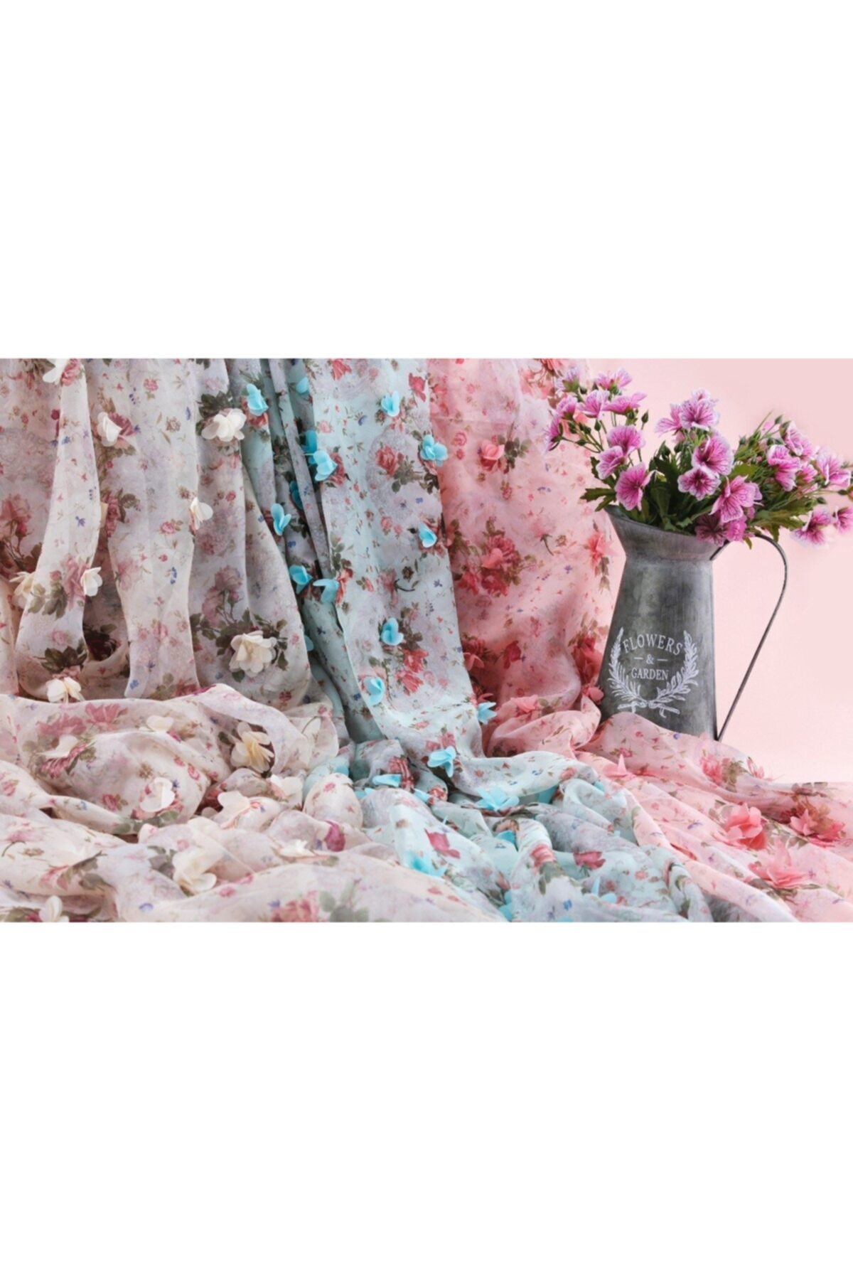 BURÇ KUMAŞ 3d Çiçek Desenli Dijital Baskı Şifon Süslemeli Dokuma Kumaş