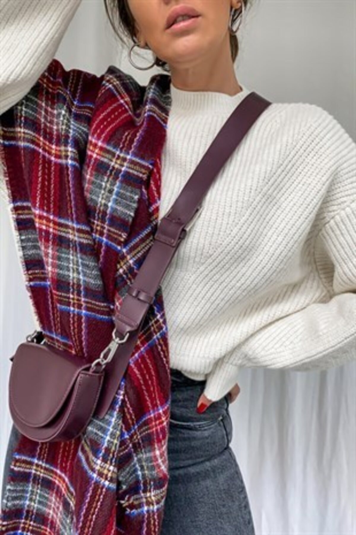 LONG NIGHT Bordo Kırmızı Ekose Yumuşak Dokulu Atkı