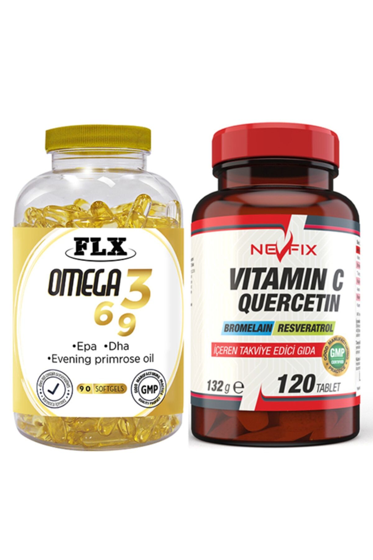 FLX Omega 3-6-9 Balık Yağı 180 Softgel & Nevfix Vitamin C Quercetin Bromelain 120 Tablet
