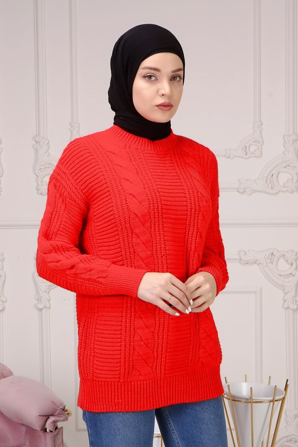 ilmek Kadın Kırmızı Kolu Büzgülü Desenli Triko Kazak