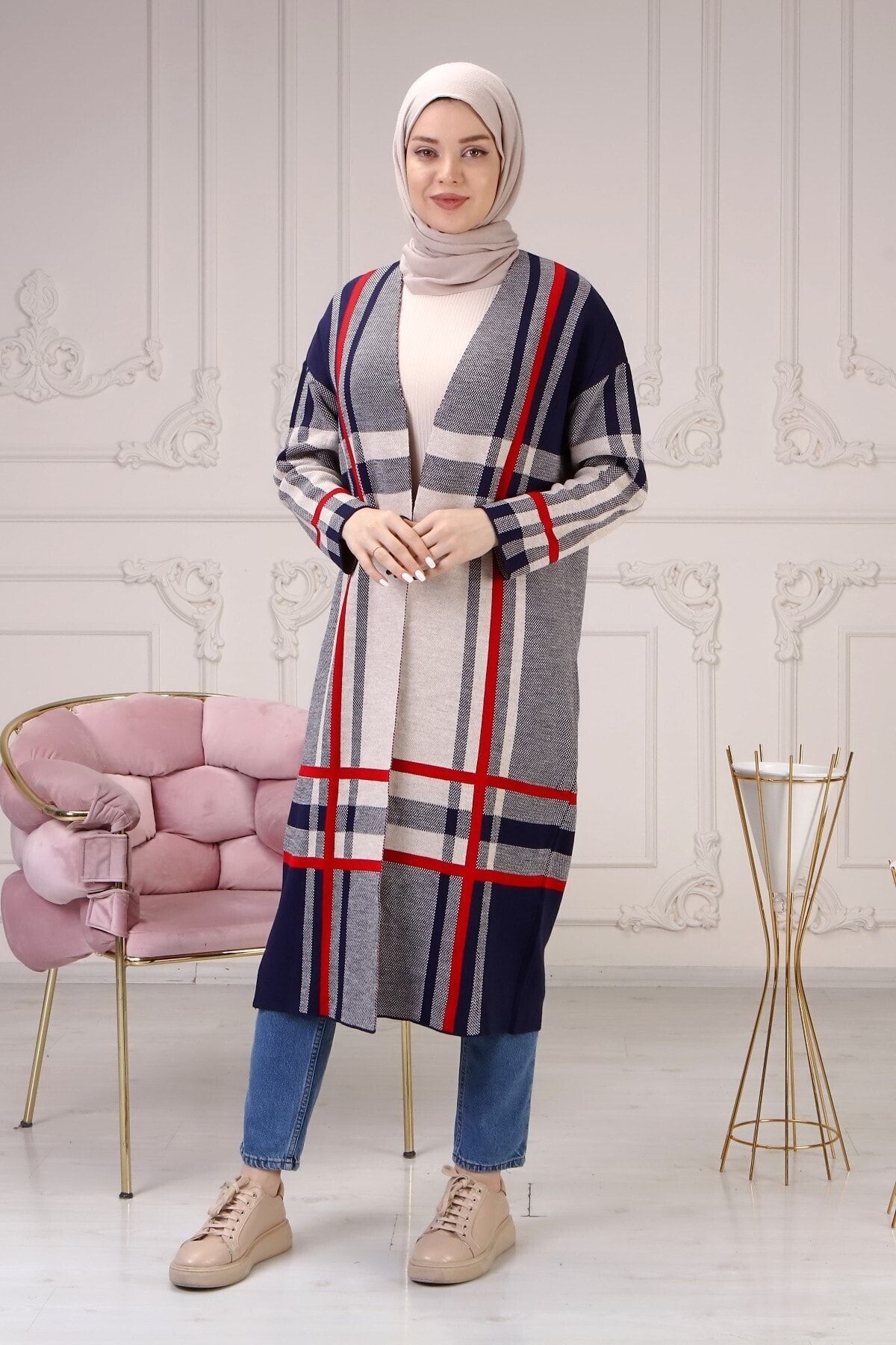 ilmek Lacivert Kadın Desenli Triko Uzun Hırka