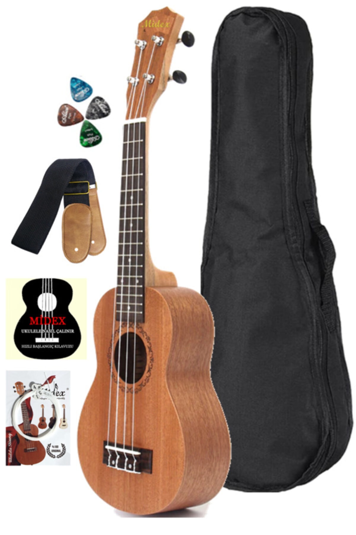 Midex Sp-21mct Hakiki Ağaç Maun Soprano Ukulele (ÇANTA METOD ASKI TEL PENA)