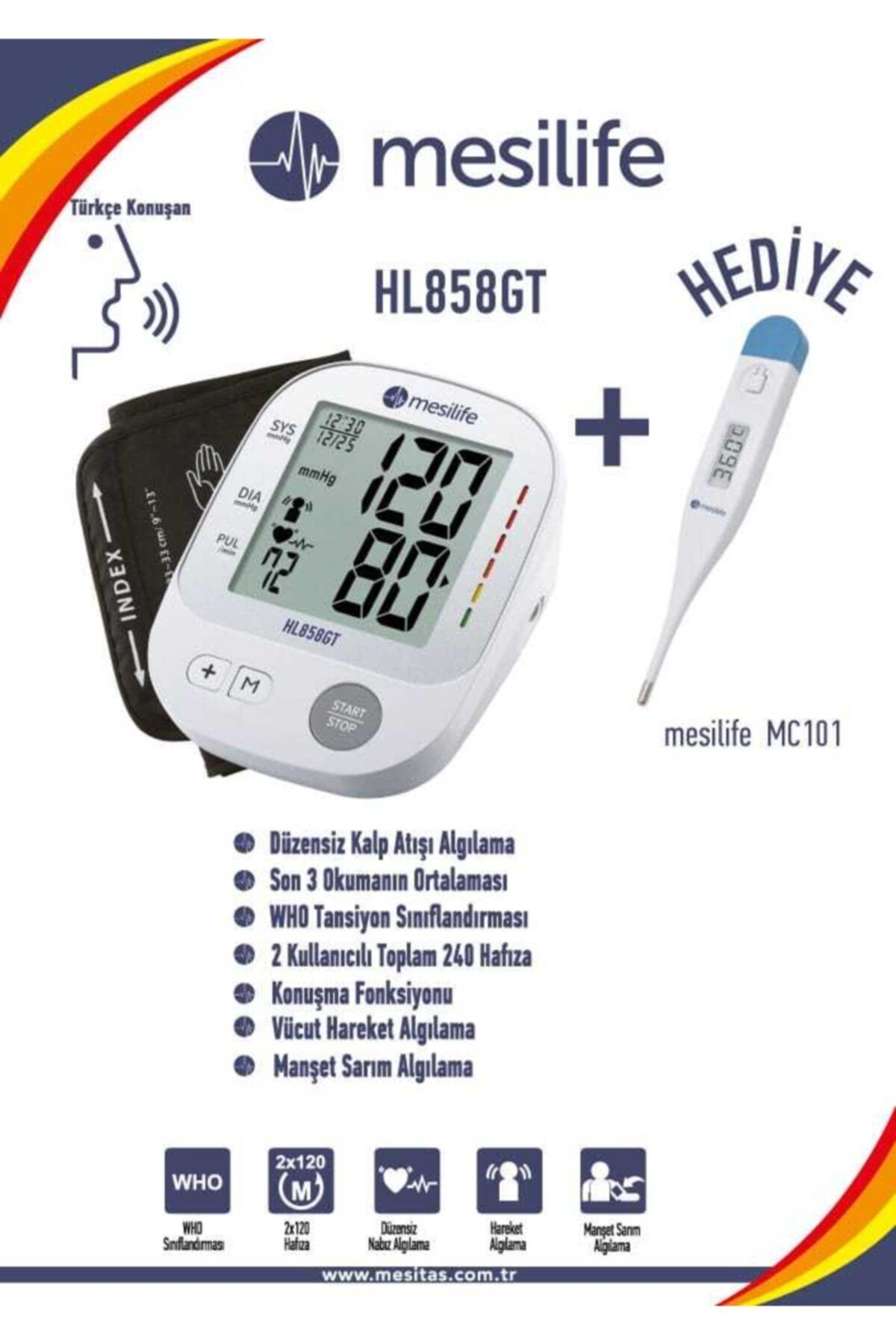 Mesilife Hl-858gt Türkçe Konuşan Dijital Koldan Tansiyon Aletleri + Ateş Ölçer(hediye)