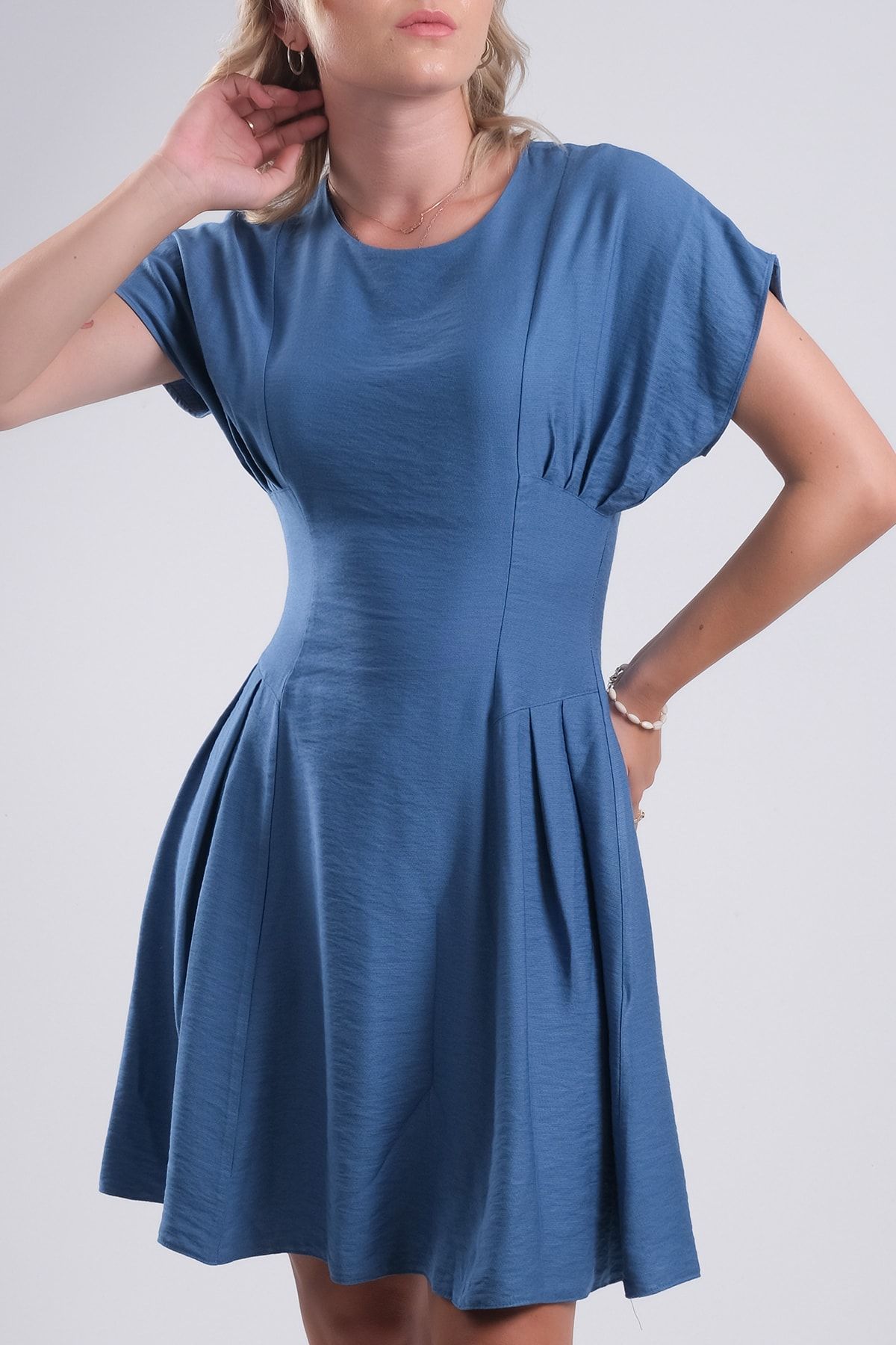 Fashion Light Indigo Reglan Kol Pile Detaylı Elbise Fl0198