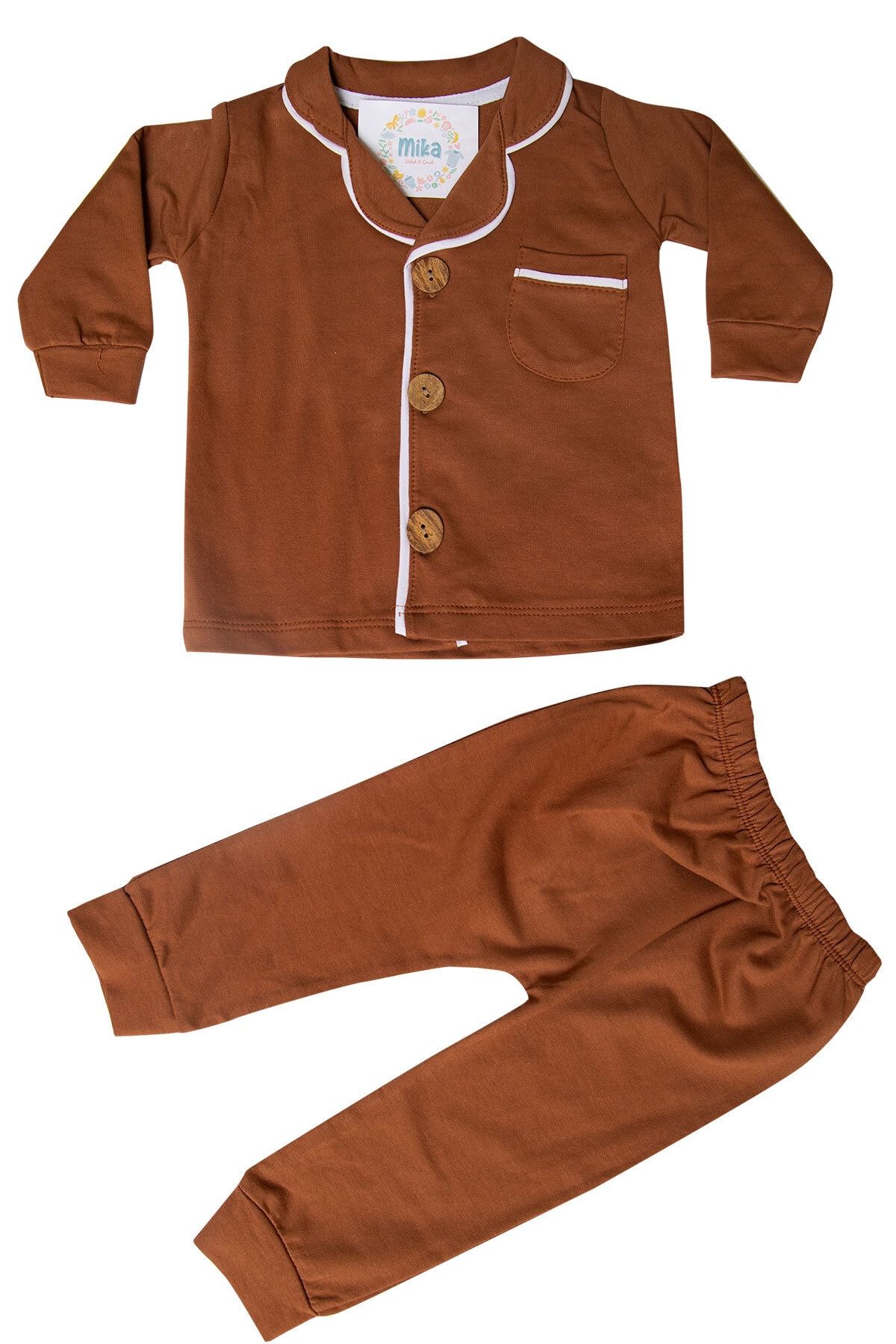 Mika Bebek & Çocuk Ahşap Düğmeli Kahverengi Unisex Bebek Pijama Takımı