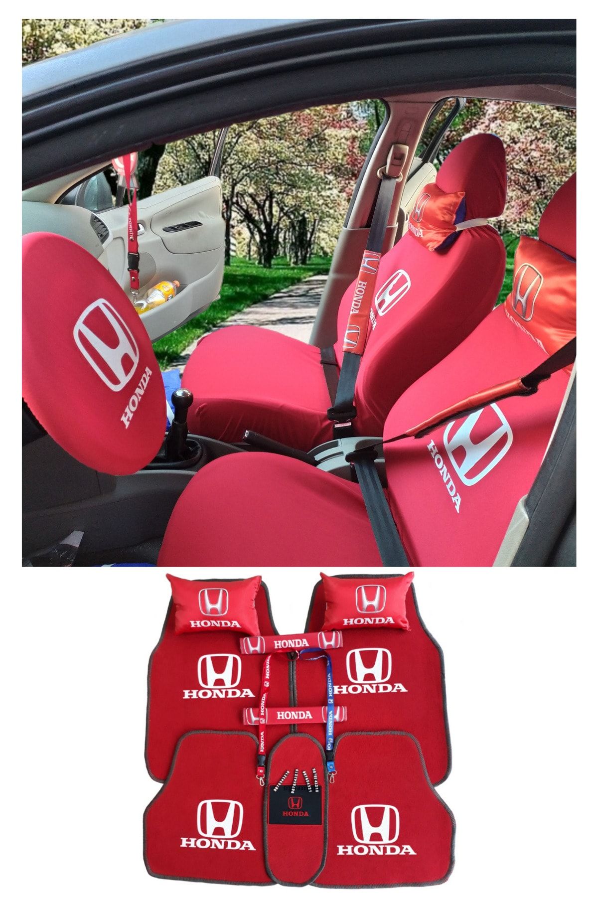 TUSBA MARKET Honda Kırmızı Oto Servis Kılıf Seti | Honda Oto Halı Paspas & Yastık Kemer Pedi | Oto Aksesuar Seti
