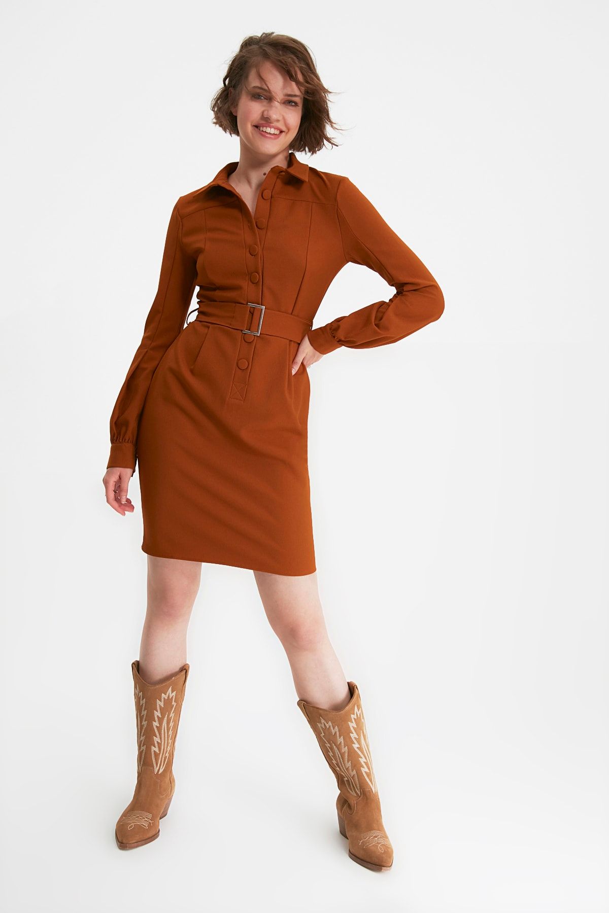 TRENDYOLMİLLA Camel Kemerli Elbise TWOAW21EL1031