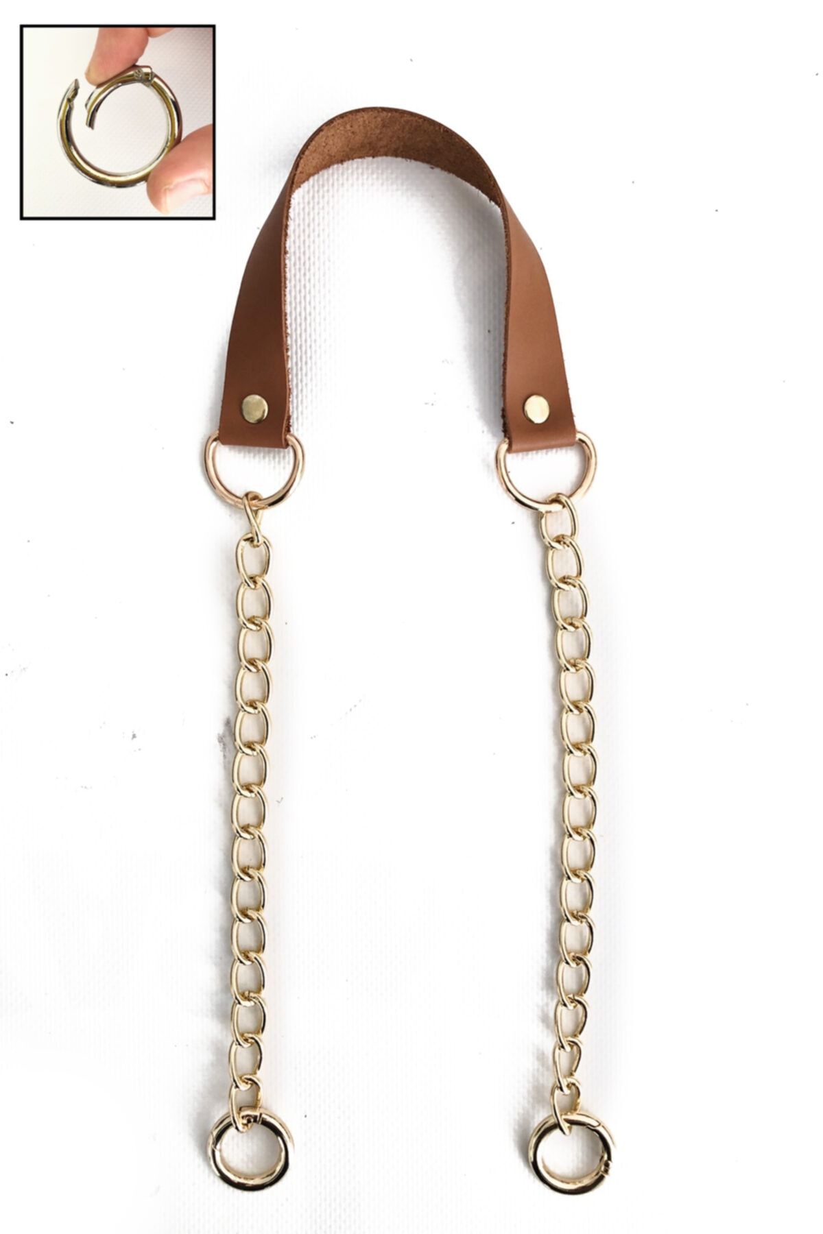 Alfa Tasarım Gerçek Deri Ve Zincir, Yaylı Halka Takım Çanta Sapı (75 Cm) - Altın Aksesuar Camel Renk