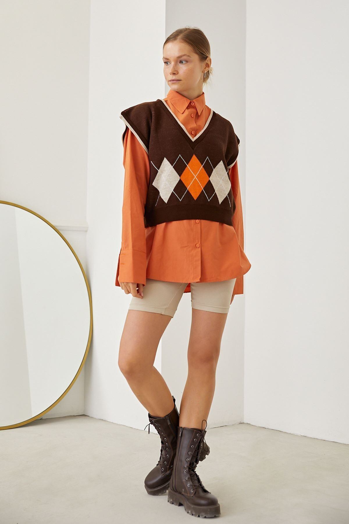 BY H Baklava Desen Süveter Kahverengi