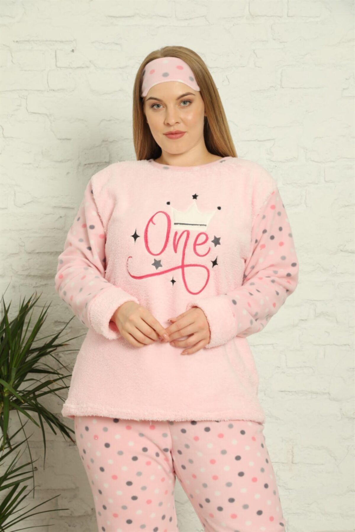 jibau Kadın Pembe Renk Welsoft Büyük Beden Polar Pijama Takımı