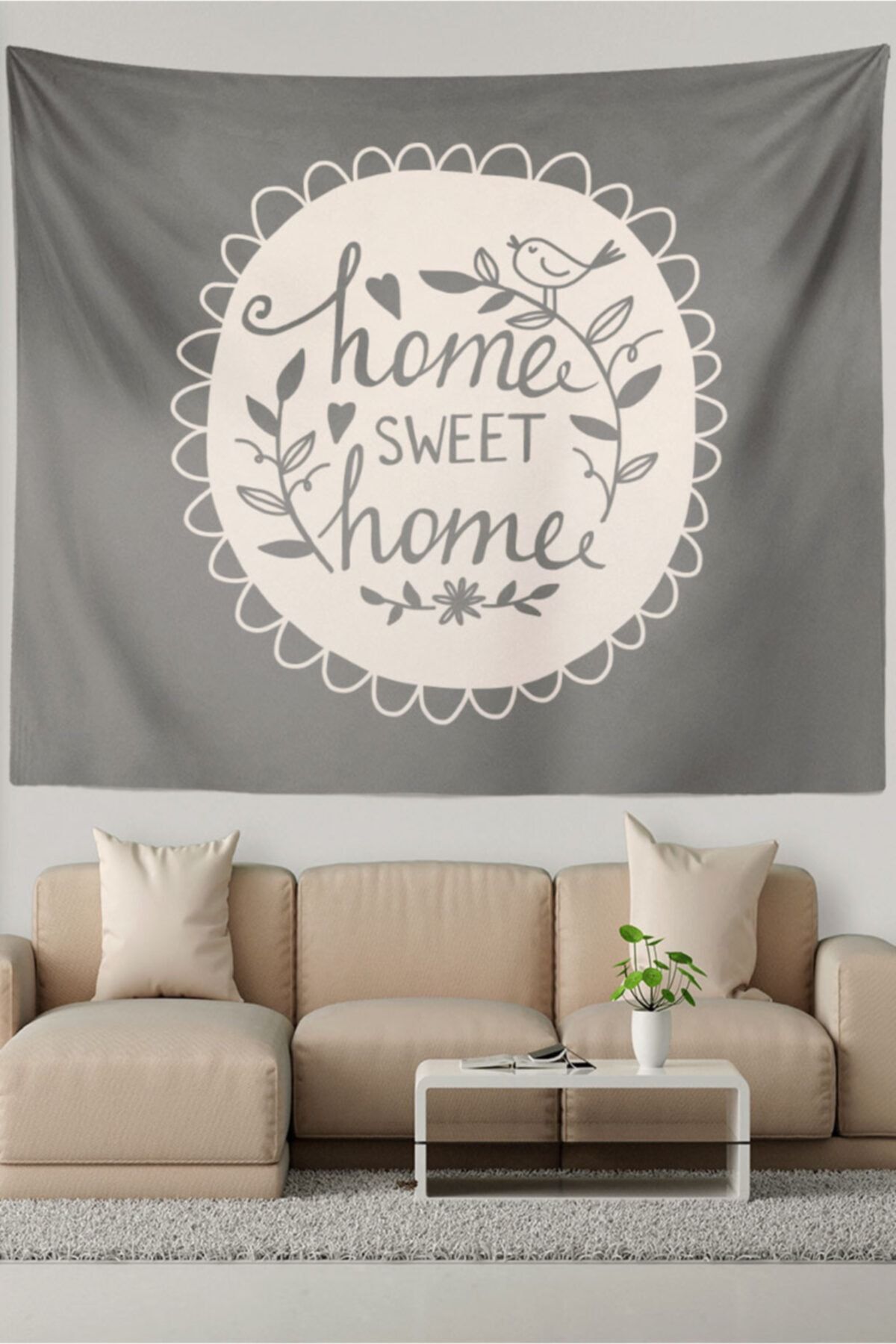 Ysahome Gri Zemin Home Sweet Home Desenli Duvar Örtüsü